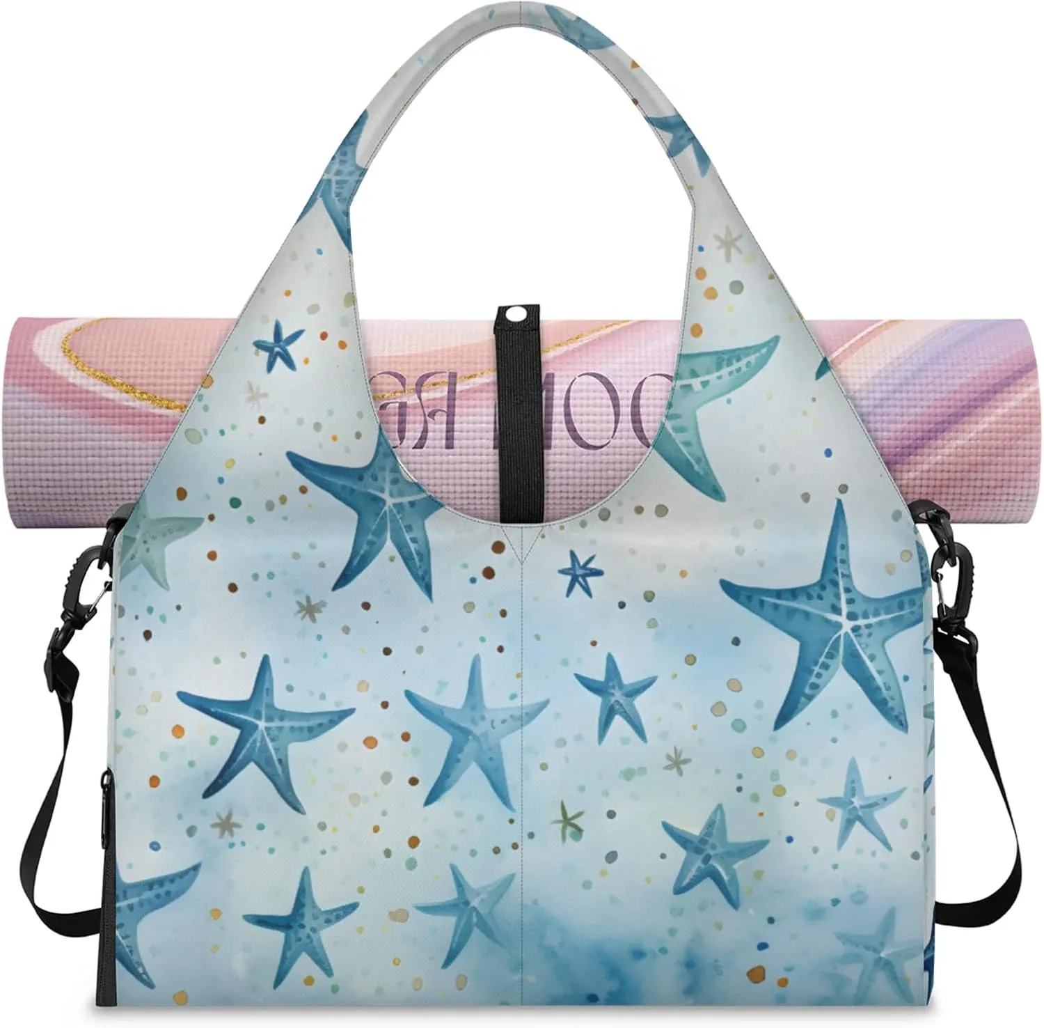 Gym Bag for Women Blue Starfish Duffel Bag with Shoe Compartment and Yoga Mat Holder Portable Weekender Bags Travel Tote Bags