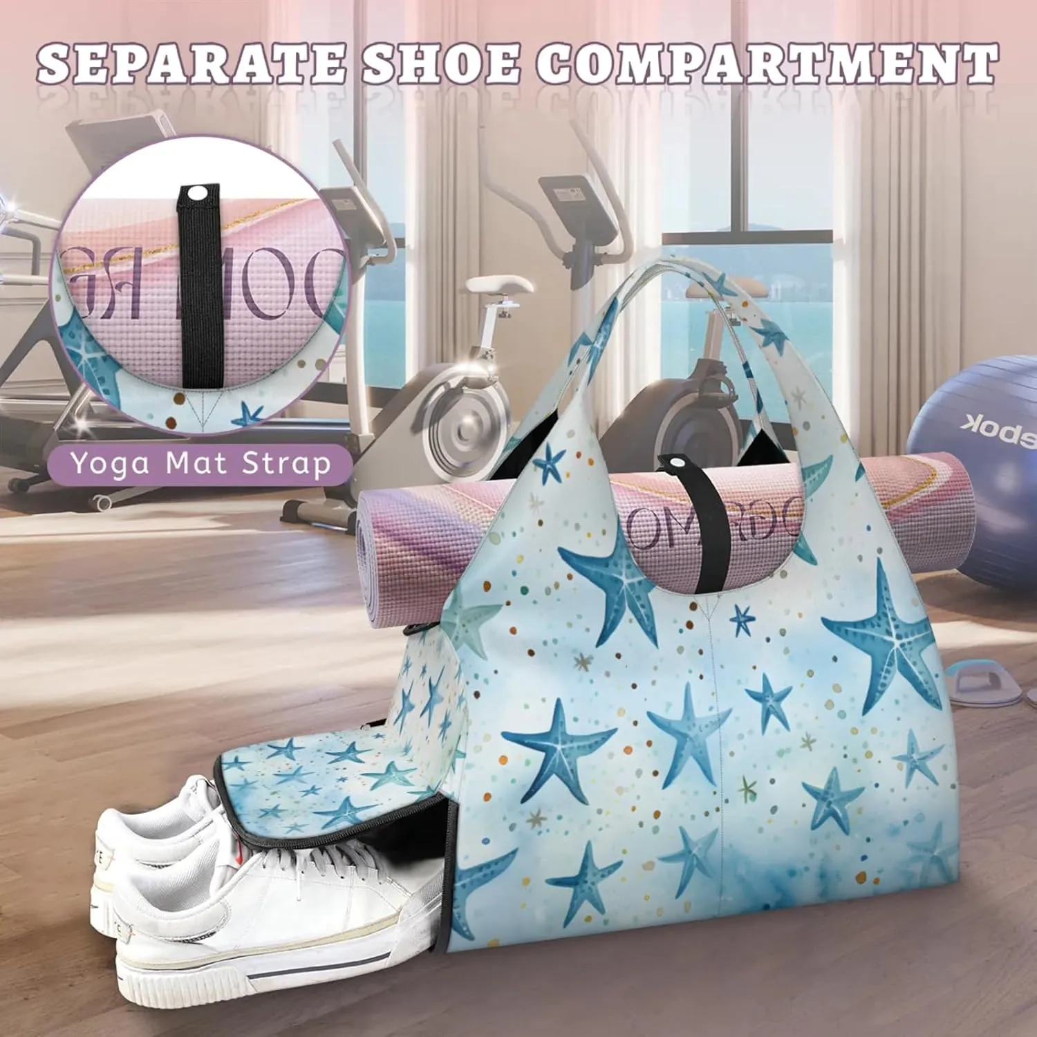 Gym Bag for Women Blue Starfish Duffel Bag with Shoe Compartment and Yoga Mat Holder Portable Weekender Bags Travel Tote Bags