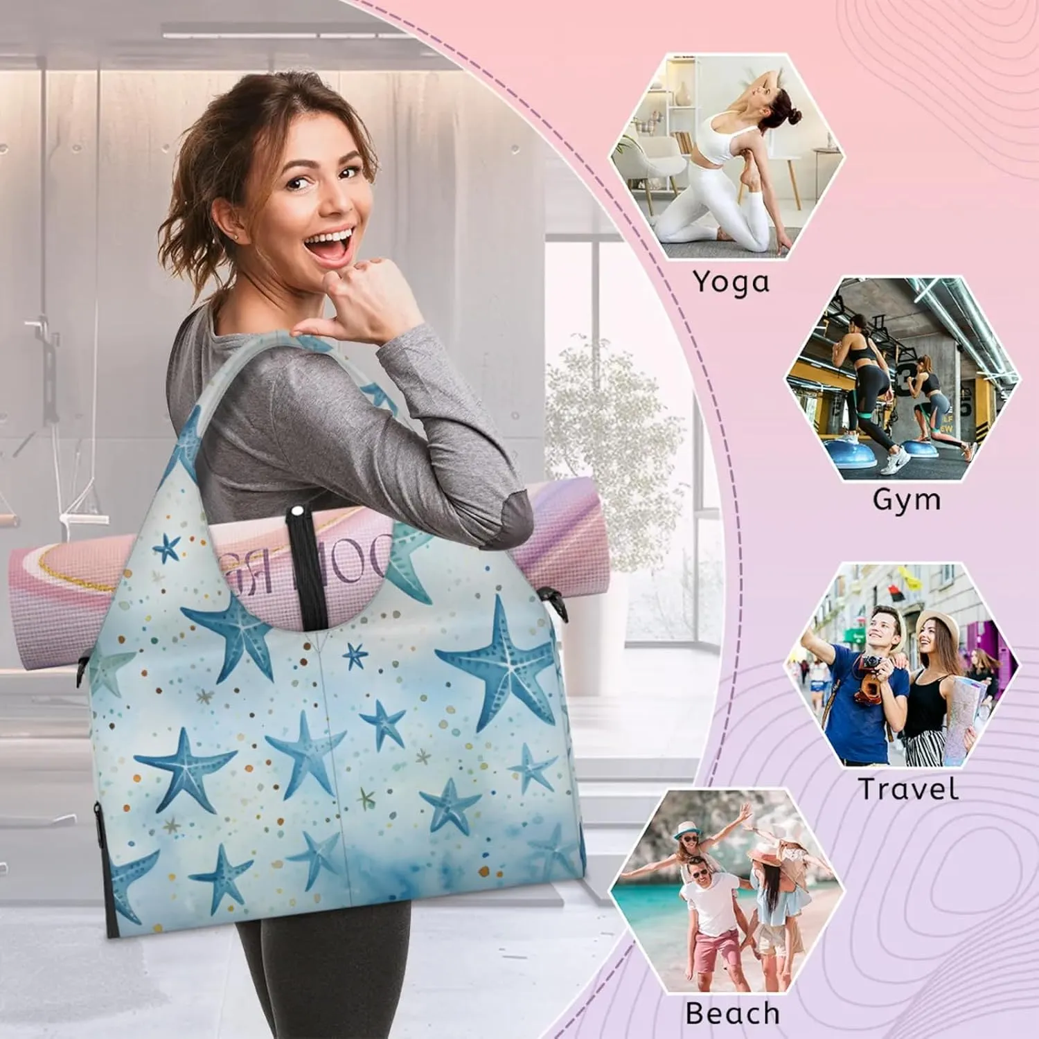Gym Bag for Women Blue Starfish Duffel Bag with Shoe Compartment and Yoga Mat Holder Portable Weekender Bags Travel Tote Bags
