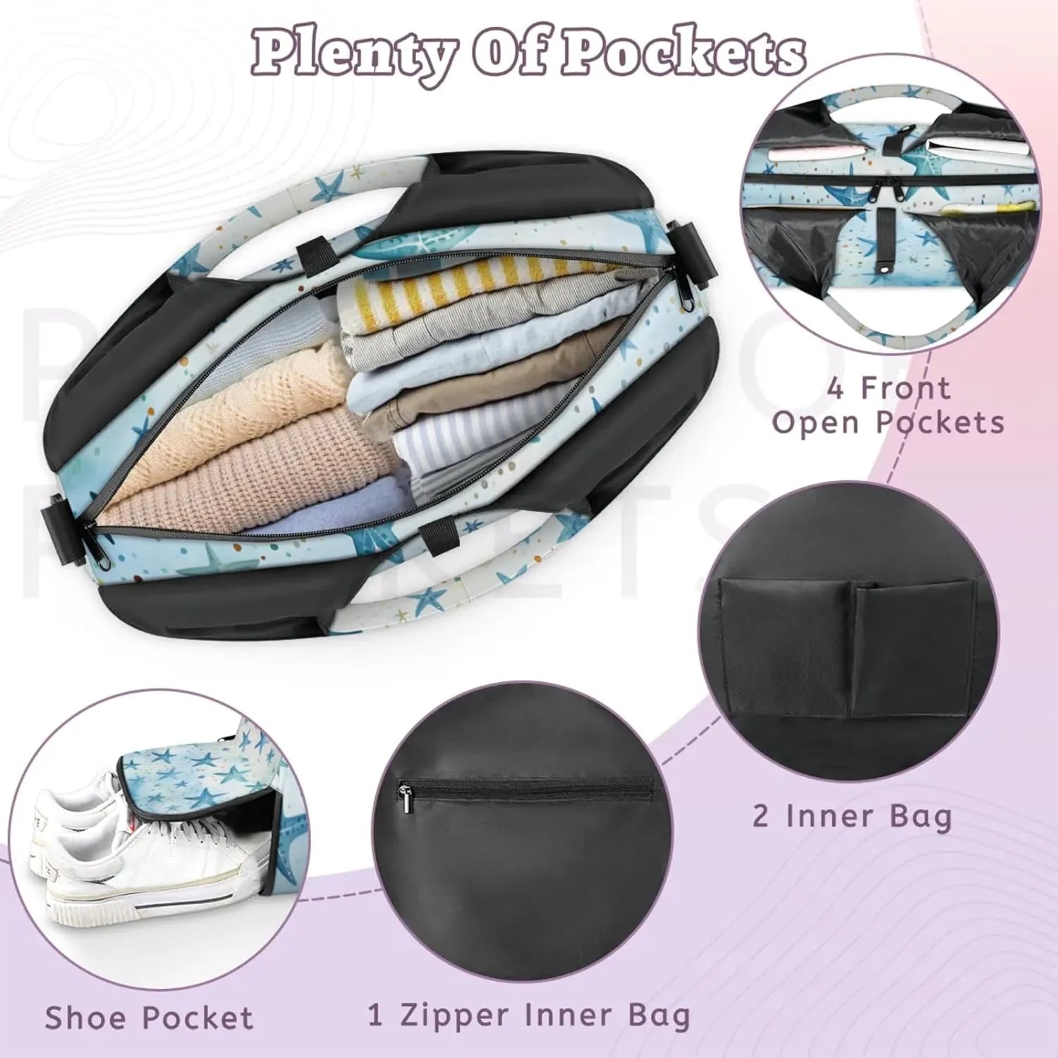 Gym Bag for Women Blue Starfish Duffel Bag with Shoe Compartment and Yoga Mat Holder Portable Weekender Bags Travel Tote Bags