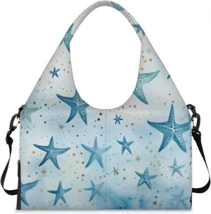Gym Bag for Women Blue Starfish Duffel Bag with Shoe Compartment and Yoga Mat Holder Portable Weekender Bags Travel Tote Bags