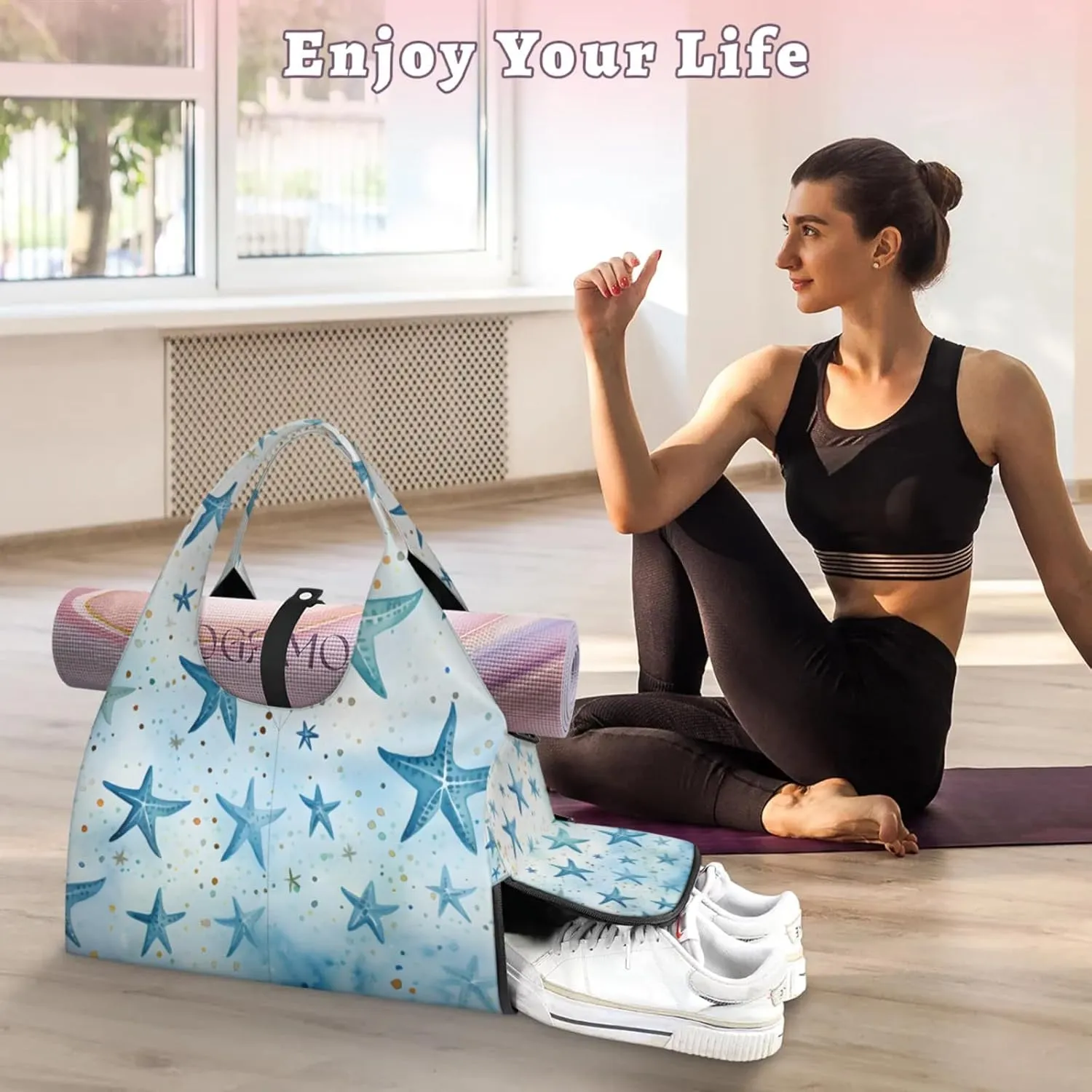 Gym Bag for Women Blue Starfish Duffel Bag with Shoe Compartment and Yoga Mat Holder Portable Weekender Bags Travel Tote Bags