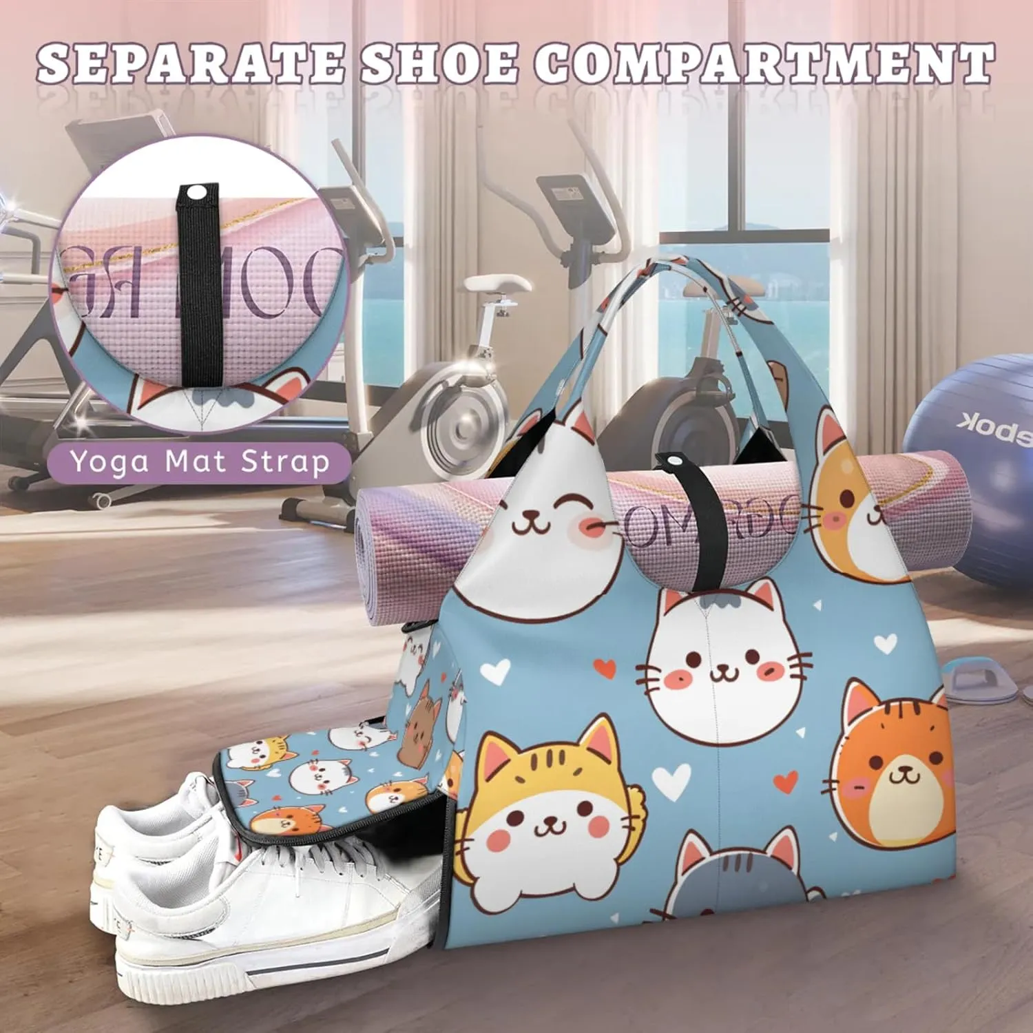 Gym Bag for Women Cartoon Cat Kitten Duffel Bag with Shoe Compartment and Yoga Mat Holder Portable Weekender Bags Travel Tote Bags