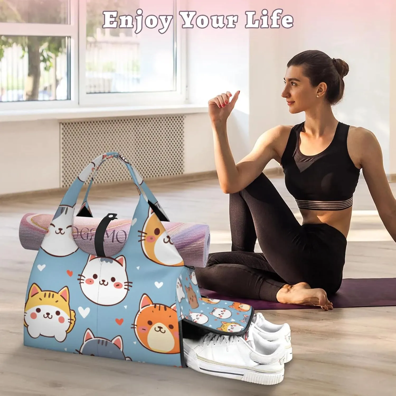 Gym Bag for Women Cartoon Cat Kitten Duffel Bag with Shoe Compartment and Yoga Mat Holder Portable Weekender Bags Travel Tote Bags
