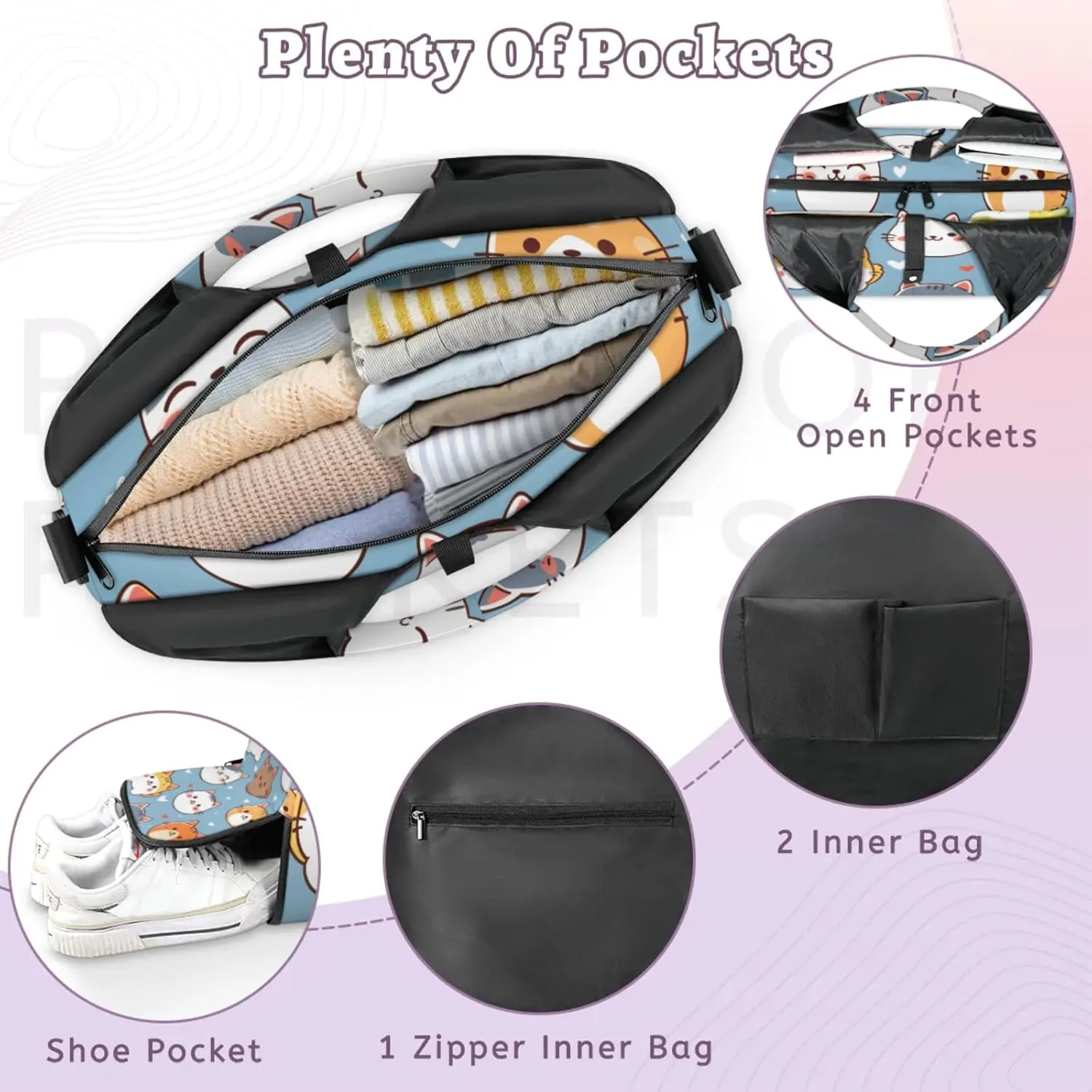 Gym Bag for Women Cartoon Cat Kitten Duffel Bag with Shoe Compartment and Yoga Mat Holder Portable Weekender Bags Travel Tote Bags