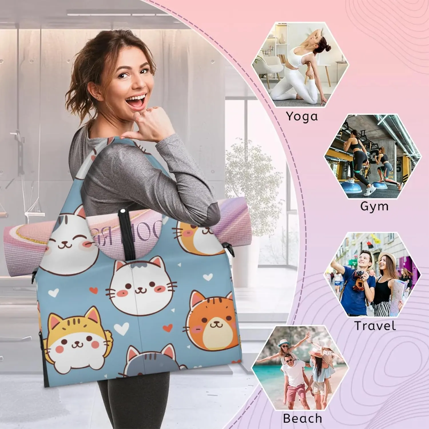 Gym Bag for Women Cartoon Cat Kitten Duffel Bag with Shoe Compartment and Yoga Mat Holder Portable Weekender Bags Travel Tote Bags