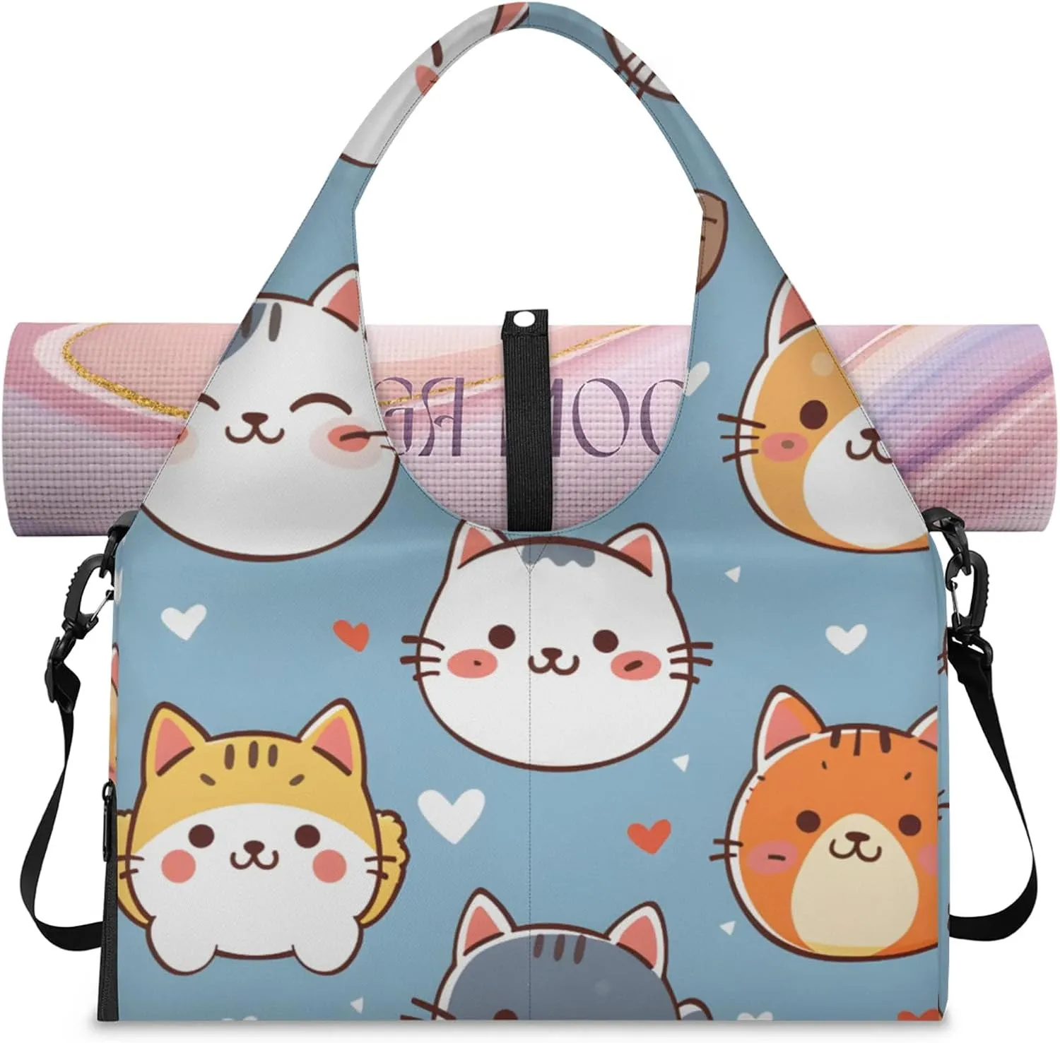 Gym Bag for Women Cartoon Cat Kitten Duffel Bag with Shoe Compartment and Yoga Mat Holder Portable Weekender Bags Travel Tote Bags