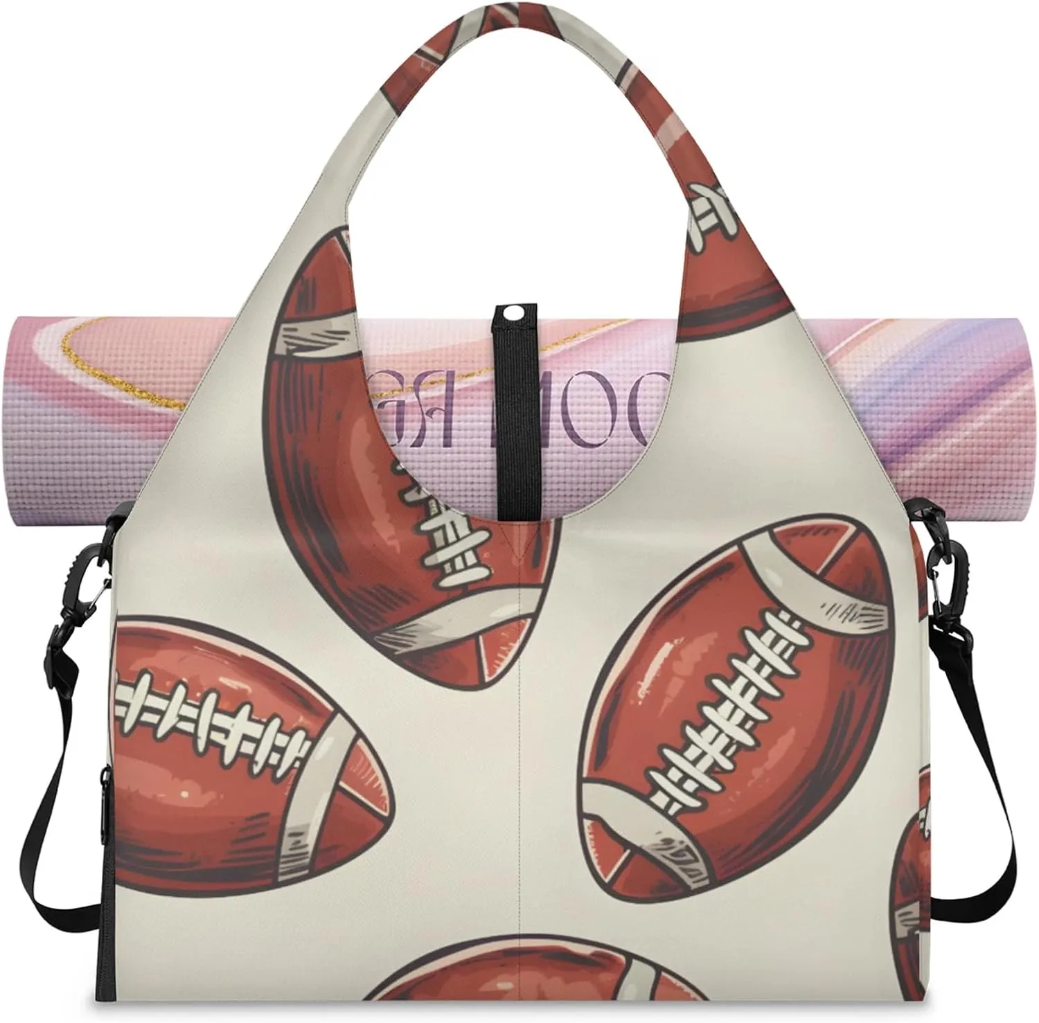 Gym Bag for Women Cartoon Footballs Duffel Bag with Shoe Compartment and Yoga Mat Holder Portable Weekender Bags Travel Tote Bags