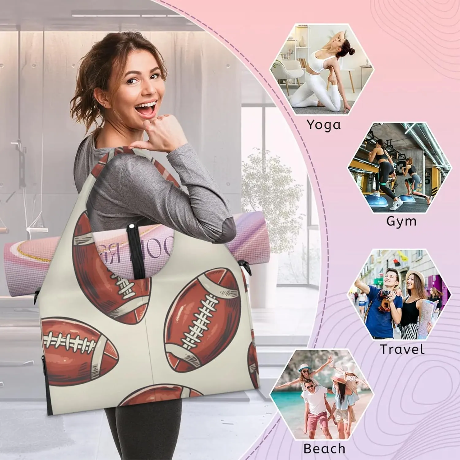 Gym Bag for Women Cartoon Footballs Duffel Bag with Shoe Compartment and Yoga Mat Holder Portable Weekender Bags Travel Tote Bags