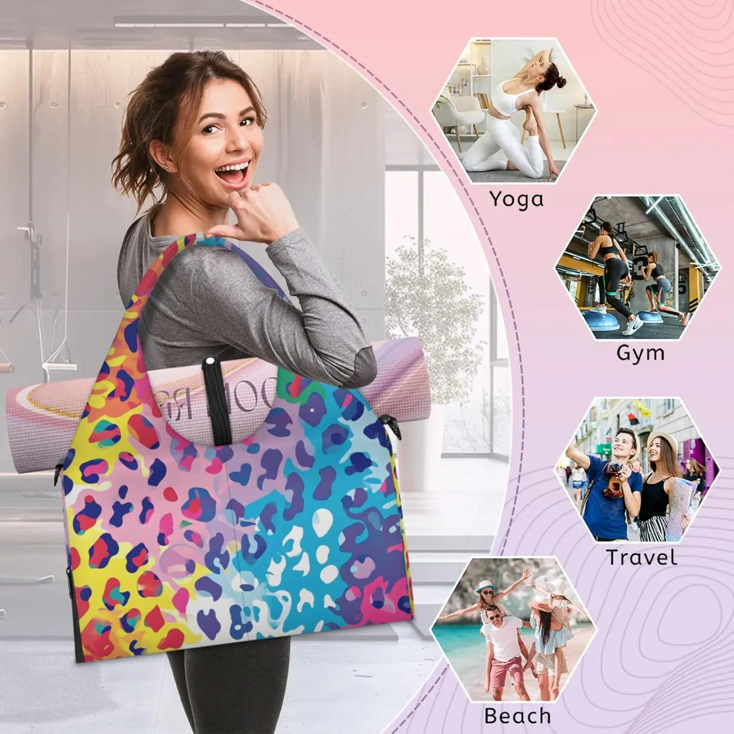 Gym Bag for Women Colorful Leopard Print Duffel Bag with Shoe Compartment and Yoga Mat Holder Portable Weekender Bags Travel Tote Bags