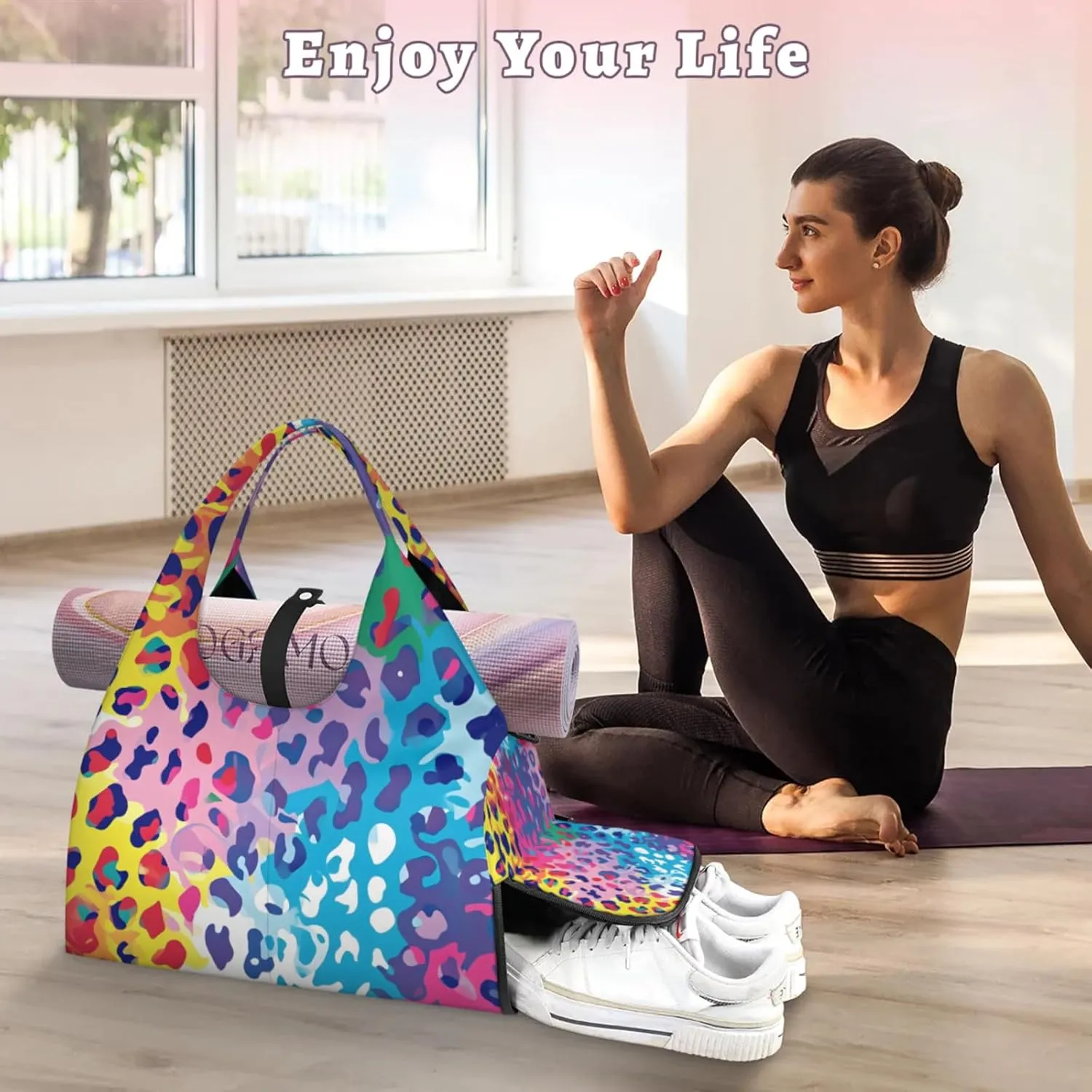 Gym Bag for Women Colorful Leopard Print Duffel Bag with Shoe Compartment and Yoga Mat Holder Portable Weekender Bags Travel Tote Bags