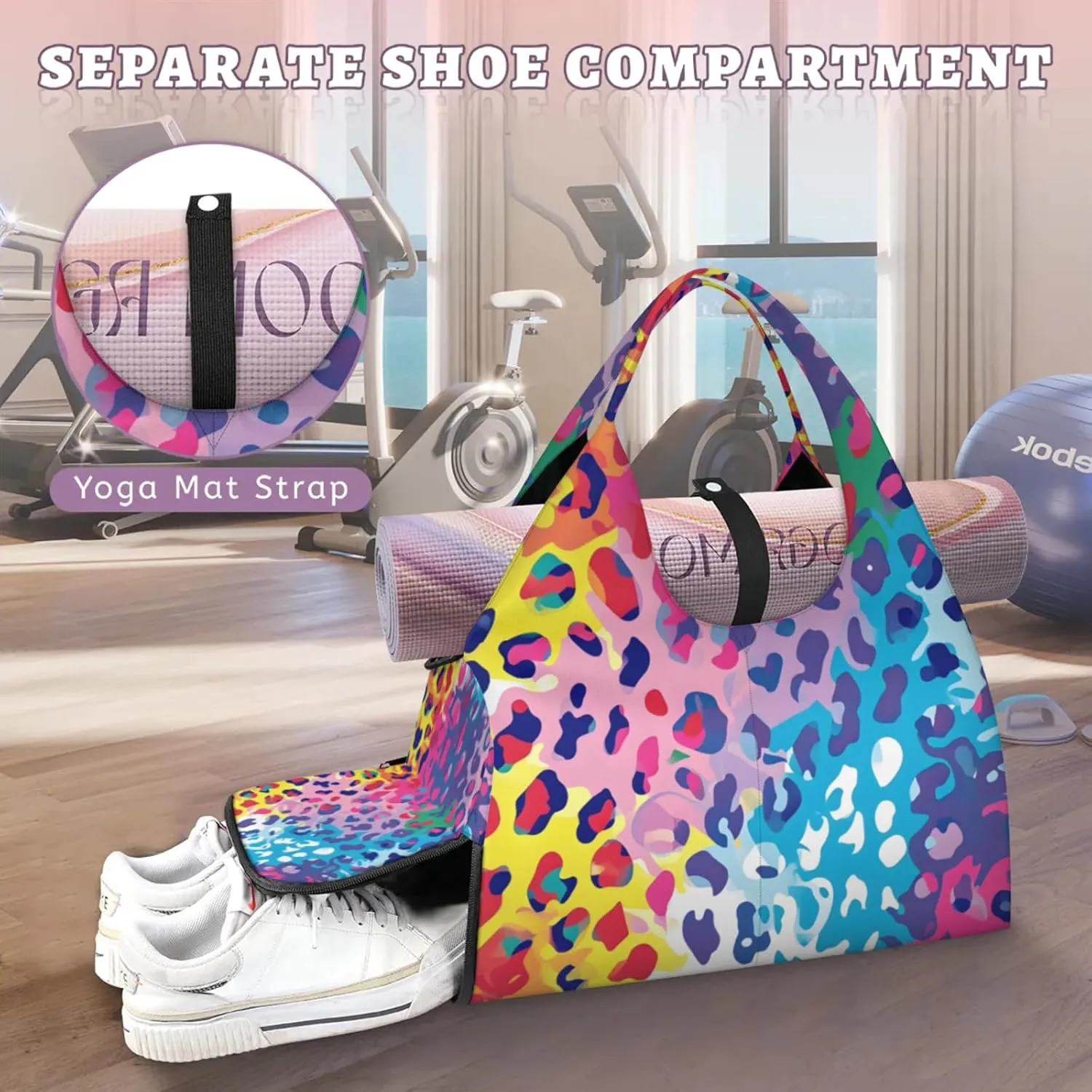 Gym Bag for Women Colorful Leopard Print Duffel Bag with Shoe Compartment and Yoga Mat Holder Portable Weekender Bags Travel Tote Bags