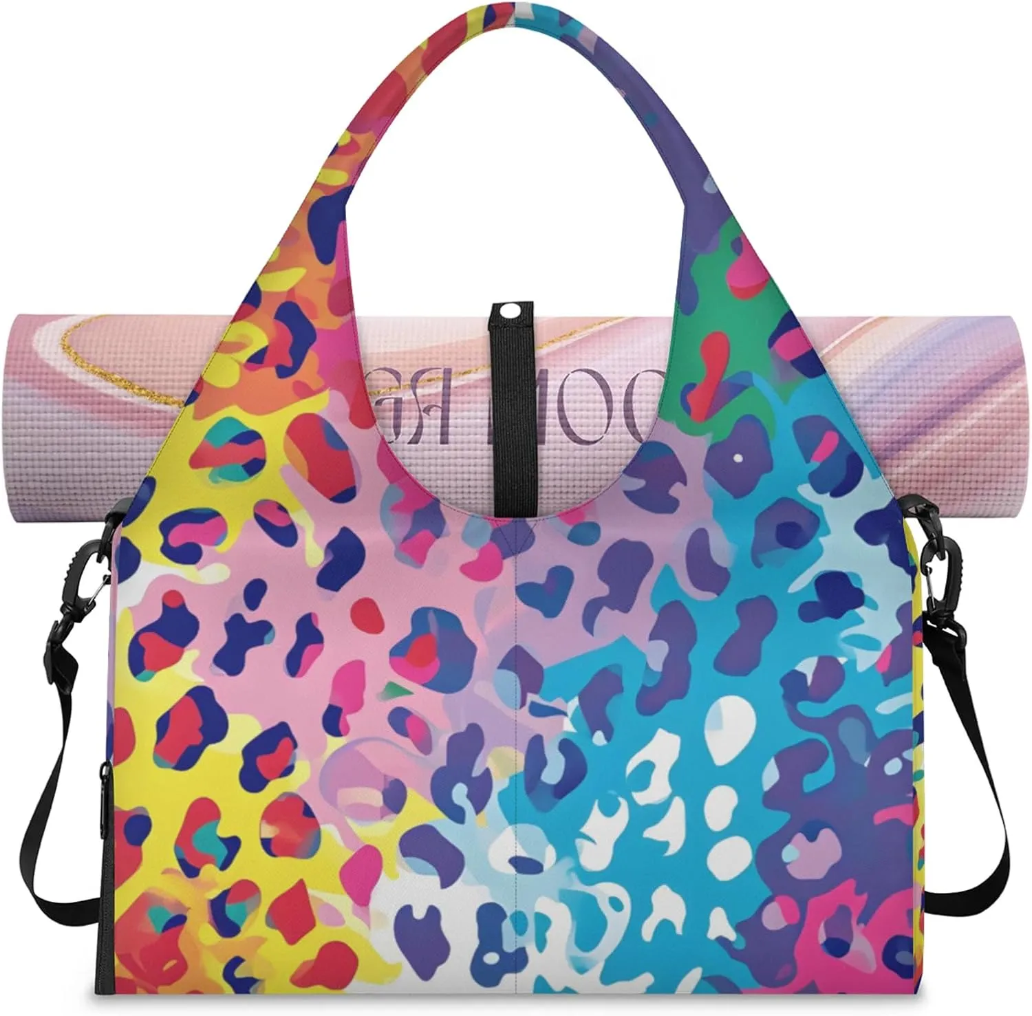 Gym Bag for Women Colorful Leopard Print Duffel Bag with Shoe Compartment and Yoga Mat Holder Portable Weekender Bags Travel Tote Bags