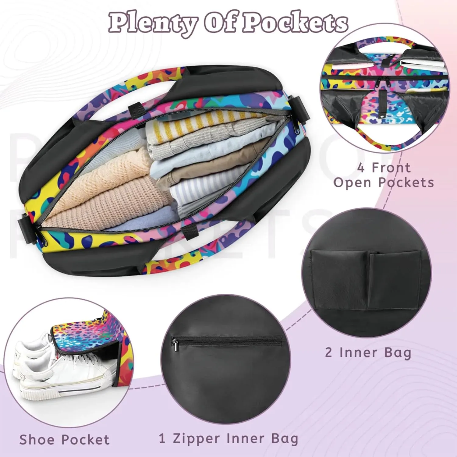 Gym Bag for Women Colorful Leopard Print Duffel Bag with Shoe Compartment and Yoga Mat Holder Portable Weekender Bags Travel Tote Bags