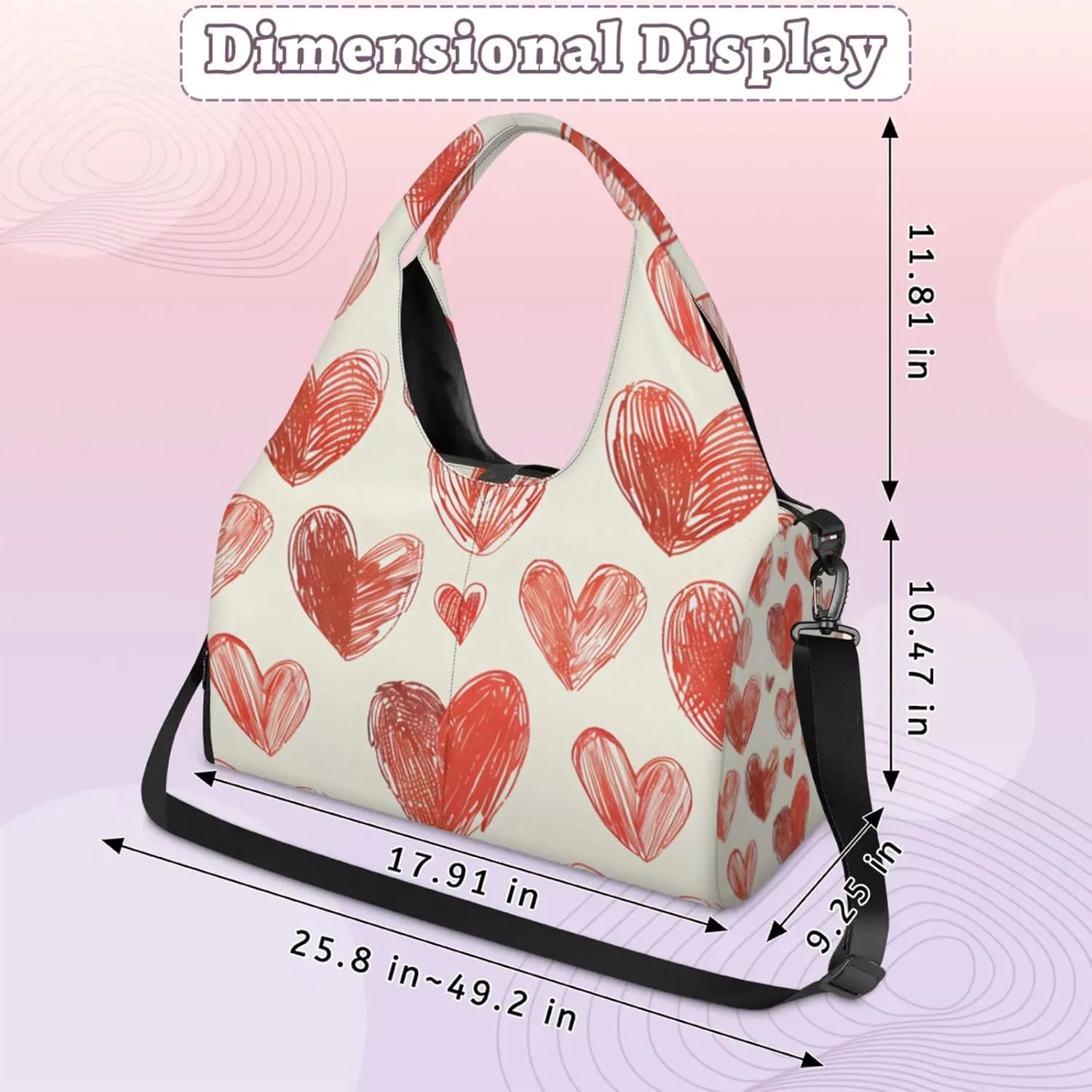 Gym Bag for Women Cute Hearts Theme Duffel Bag with Shoe Compartment and Yoga Mat Holder Portable Weekender Bags Travel Tote Bags