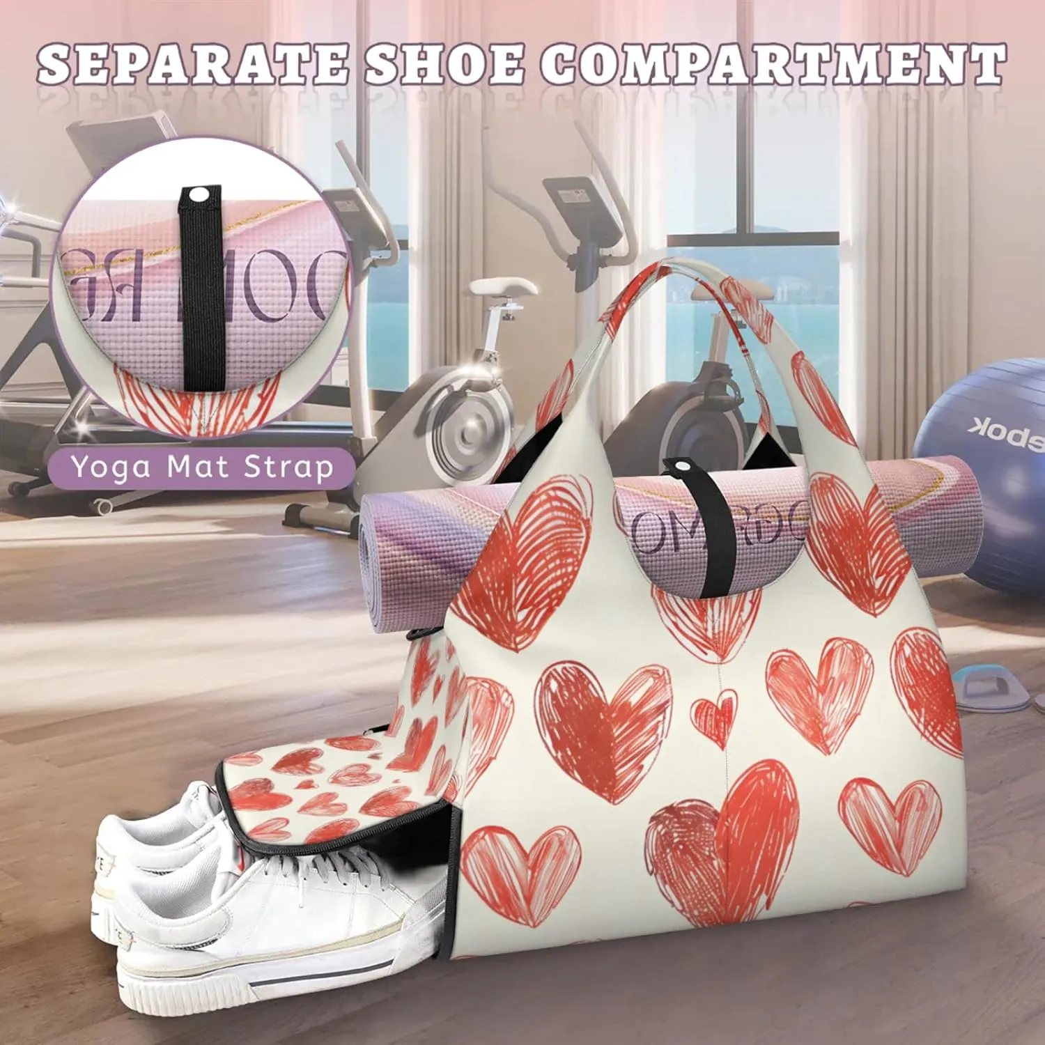 Gym Bag for Women Cute Hearts Theme Duffel Bag with Shoe Compartment and Yoga Mat Holder Portable Weekender Bags Travel Tote Bags