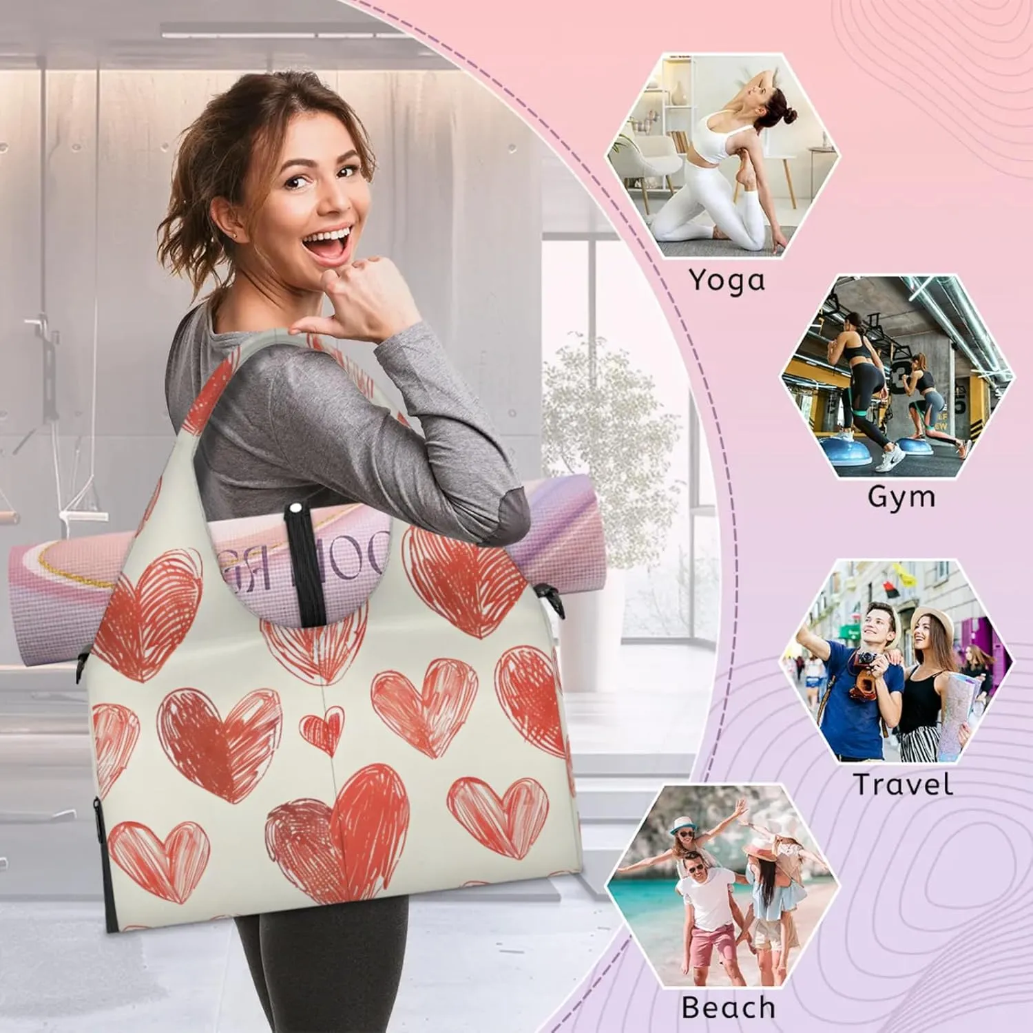 Gym Bag for Women Cute Hearts Theme Duffel Bag with Shoe Compartment and Yoga Mat Holder Portable Weekender Bags Travel Tote Bags