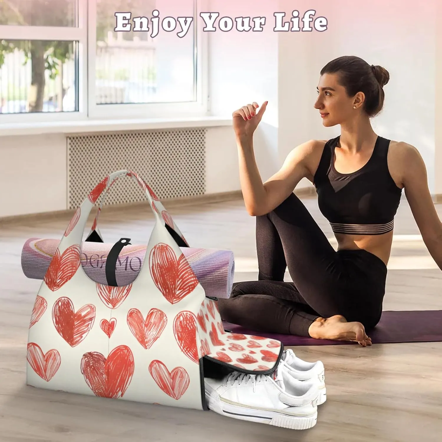 Gym Bag for Women Cute Hearts Theme Duffel Bag with Shoe Compartment and Yoga Mat Holder Portable Weekender Bags Travel Tote Bags
