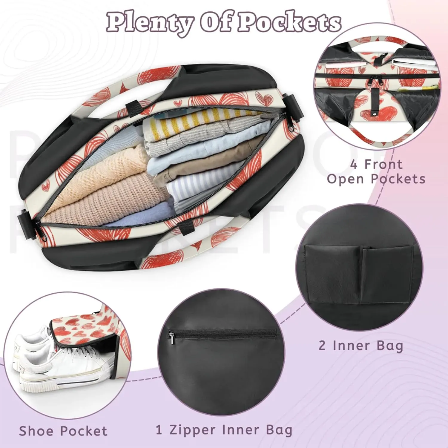 Gym Bag for Women Cute Hearts Theme Duffel Bag with Shoe Compartment and Yoga Mat Holder Portable Weekender Bags Travel Tote Bags