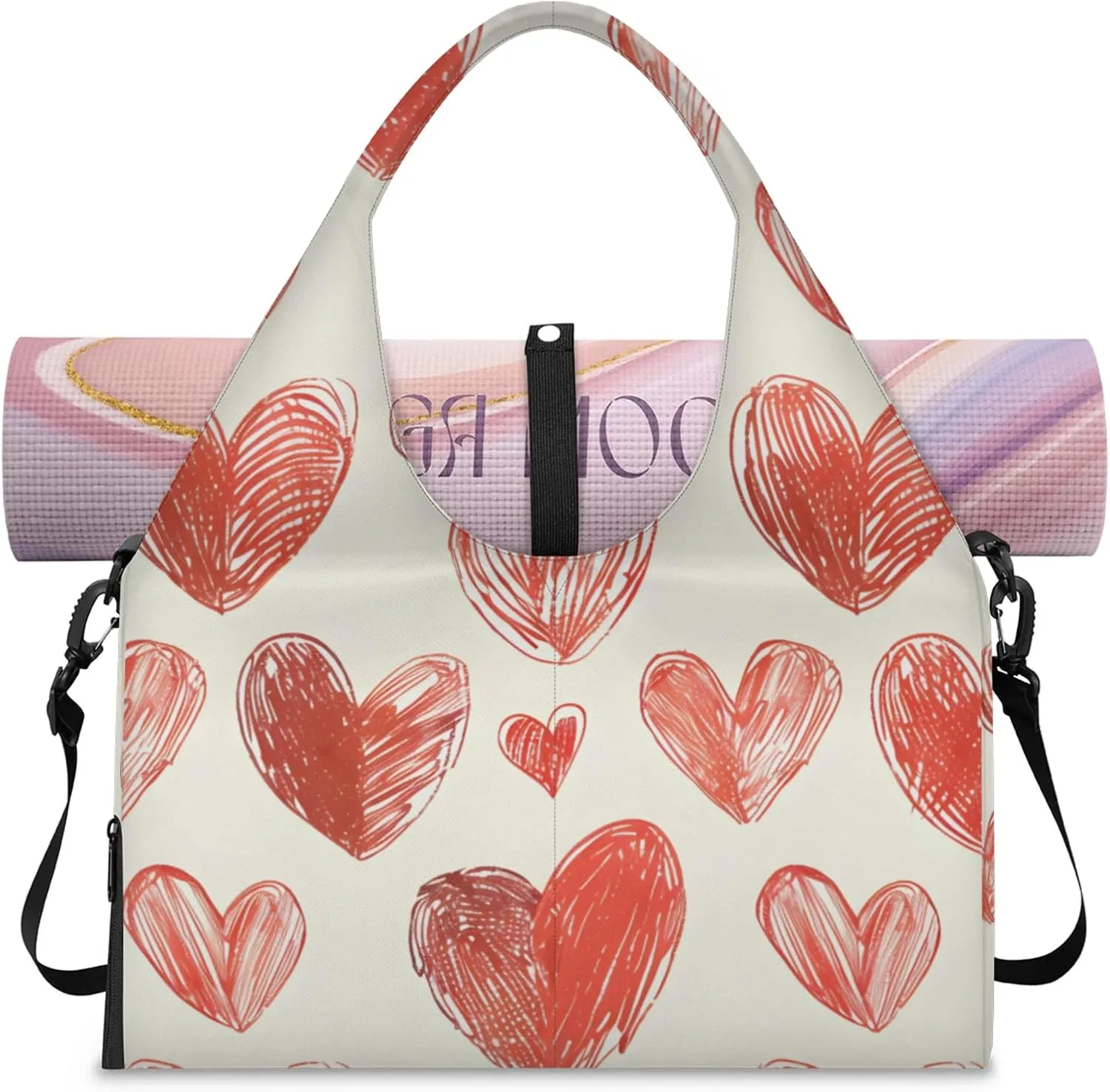 Gym Bag for Women Cute Hearts Theme Duffel Bag with Shoe Compartment and Yoga Mat Holder Portable Weekender Bags Travel Tote Bags