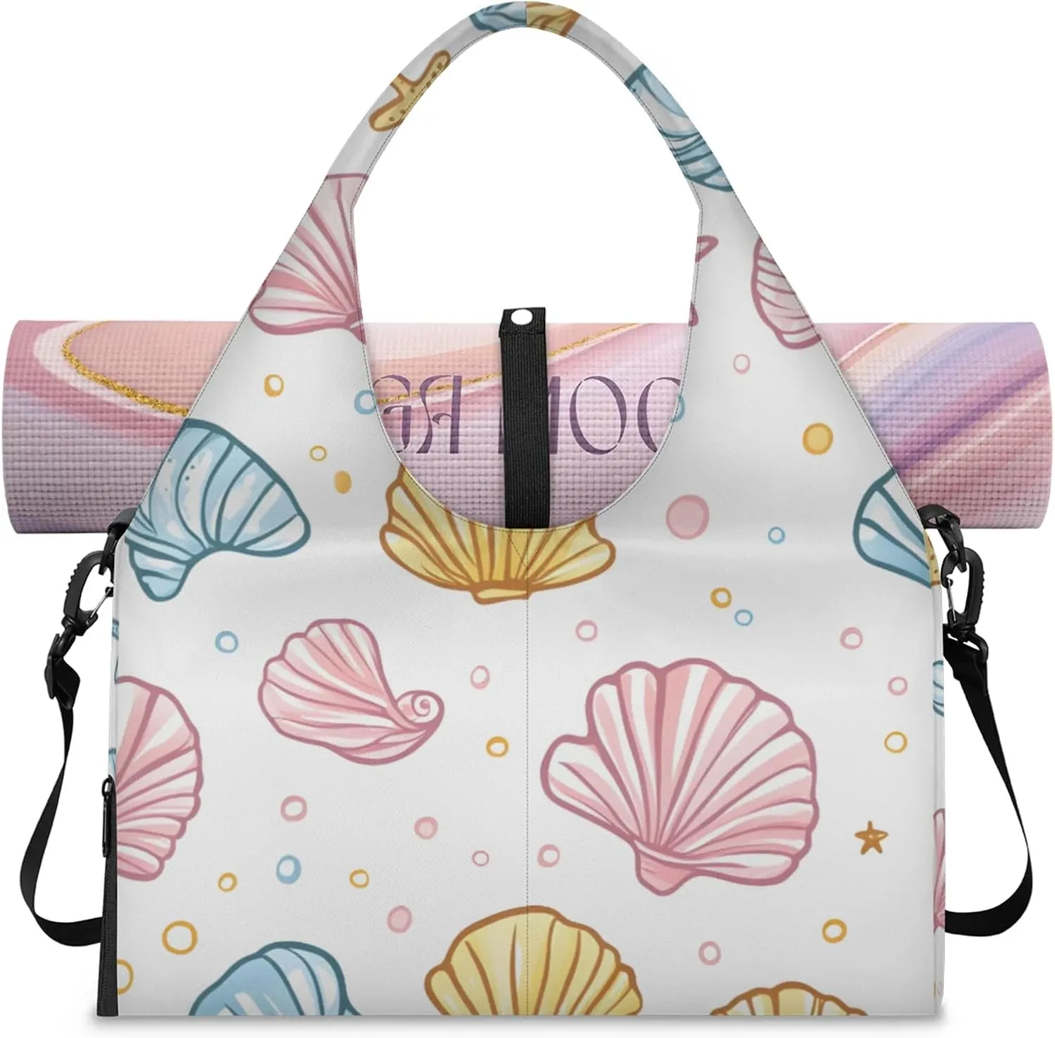 Gym Bag for Women Cute Shell Starfish Duffel Bag with Shoe Compartment and Yoga Mat Holder Portable Weekender Bags Travel Tote Bags