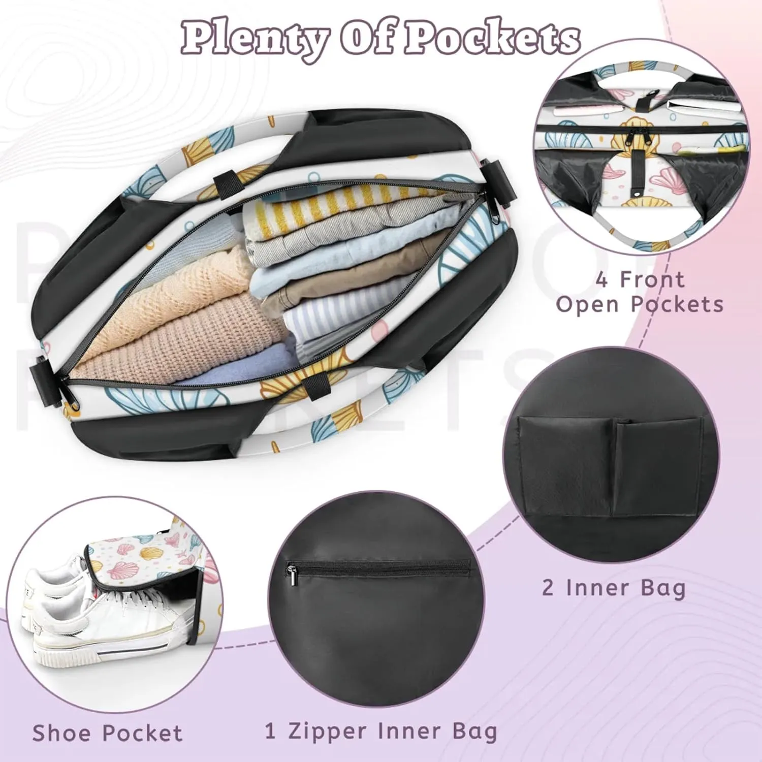 Gym Bag for Women Cute Shell Starfish Duffel Bag with Shoe Compartment and Yoga Mat Holder Portable Weekender Bags Travel Tote Bags