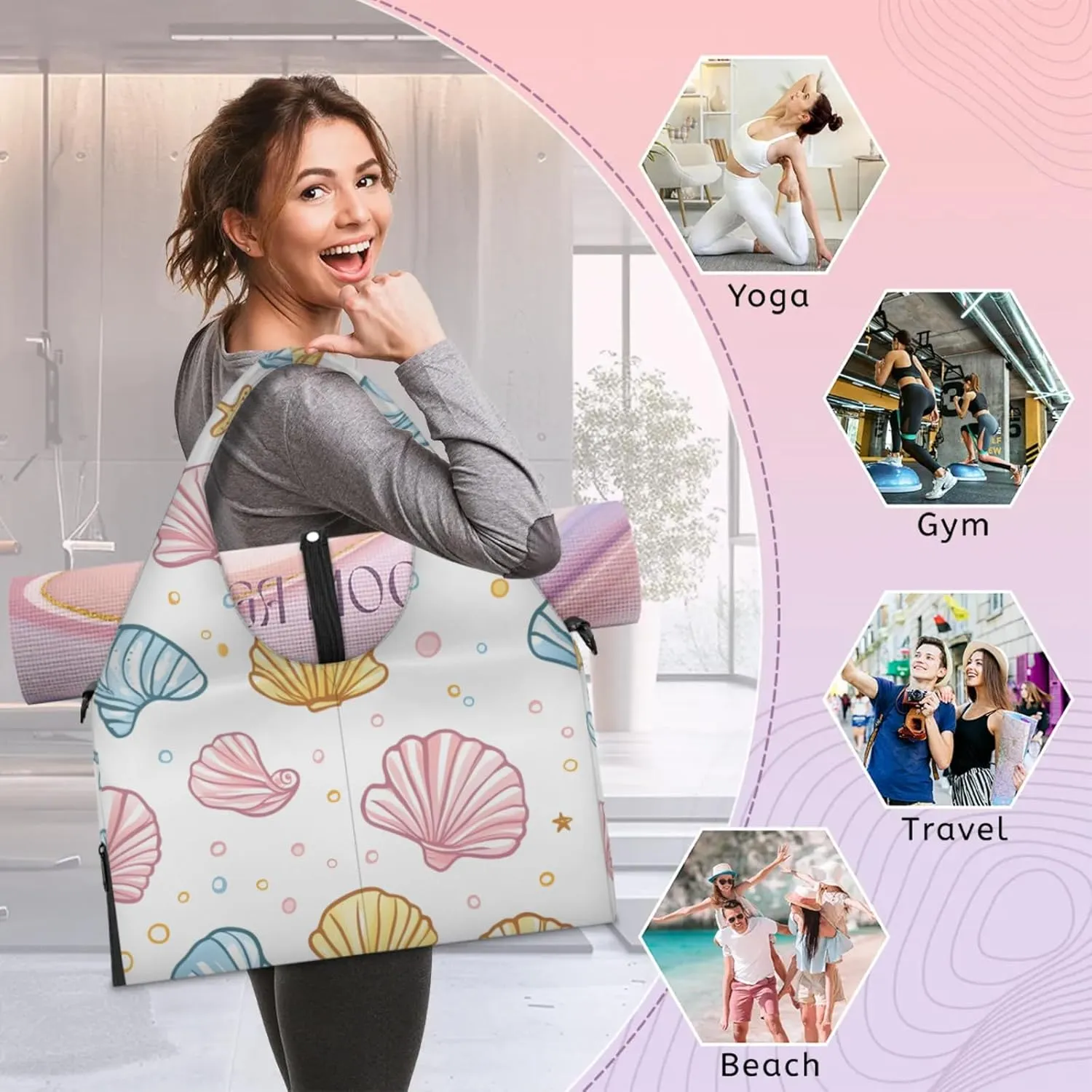 Gym Bag for Women Cute Shell Starfish Duffel Bag with Shoe Compartment and Yoga Mat Holder Portable Weekender Bags Travel Tote Bags