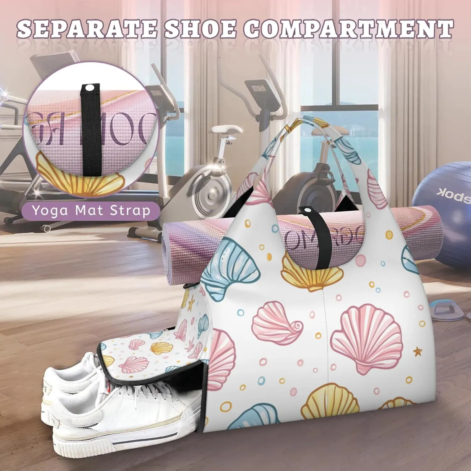 Gym Bag for Women Cute Shell Starfish Duffel Bag with Shoe Compartment and Yoga Mat Holder Portable Weekender Bags Travel Tote Bags