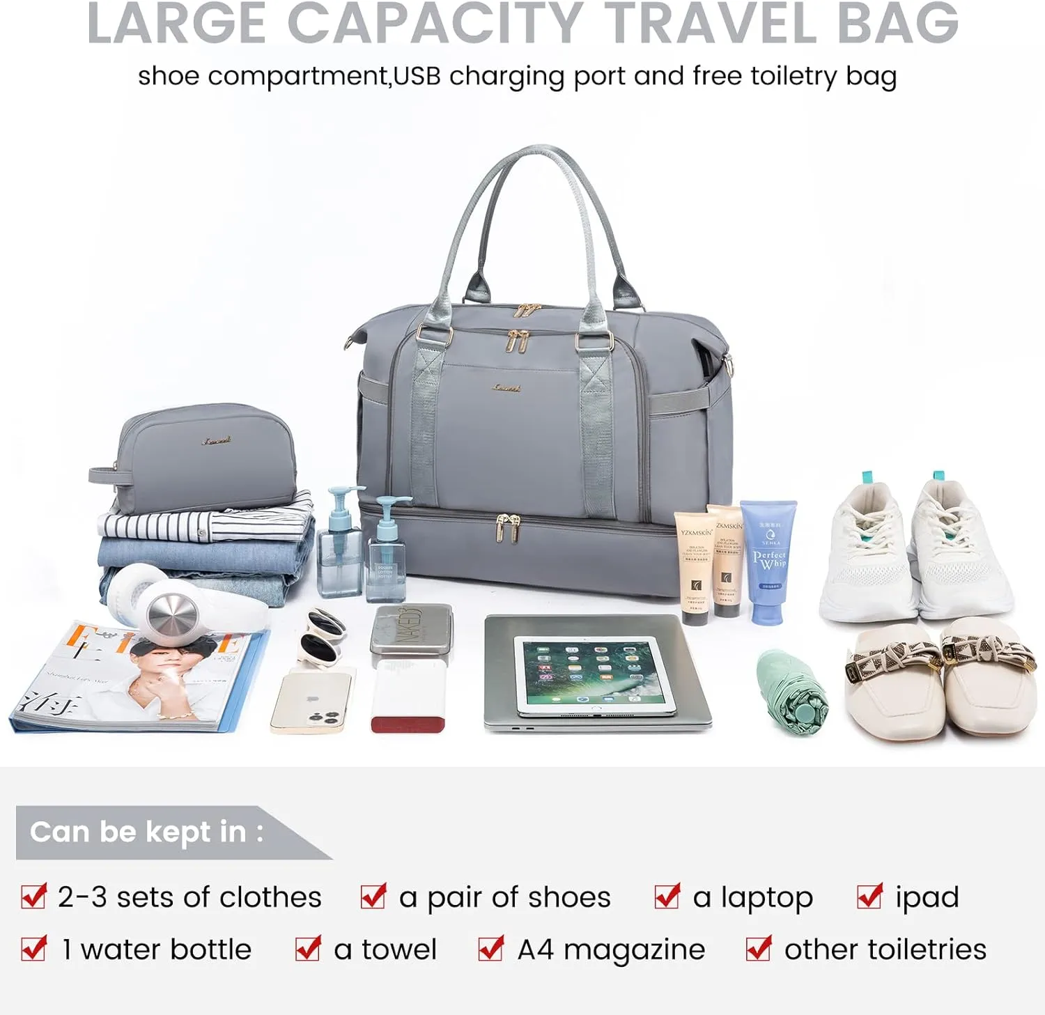 Gym Bag for Women LOVEVOOK Travel Duffel Bag with USB Charging Port,Weekender Bags for Women with Shoe Compartment,Carry on Overnight Bag with Toiletry Bag,Hospital Bags for Labor and Deliver