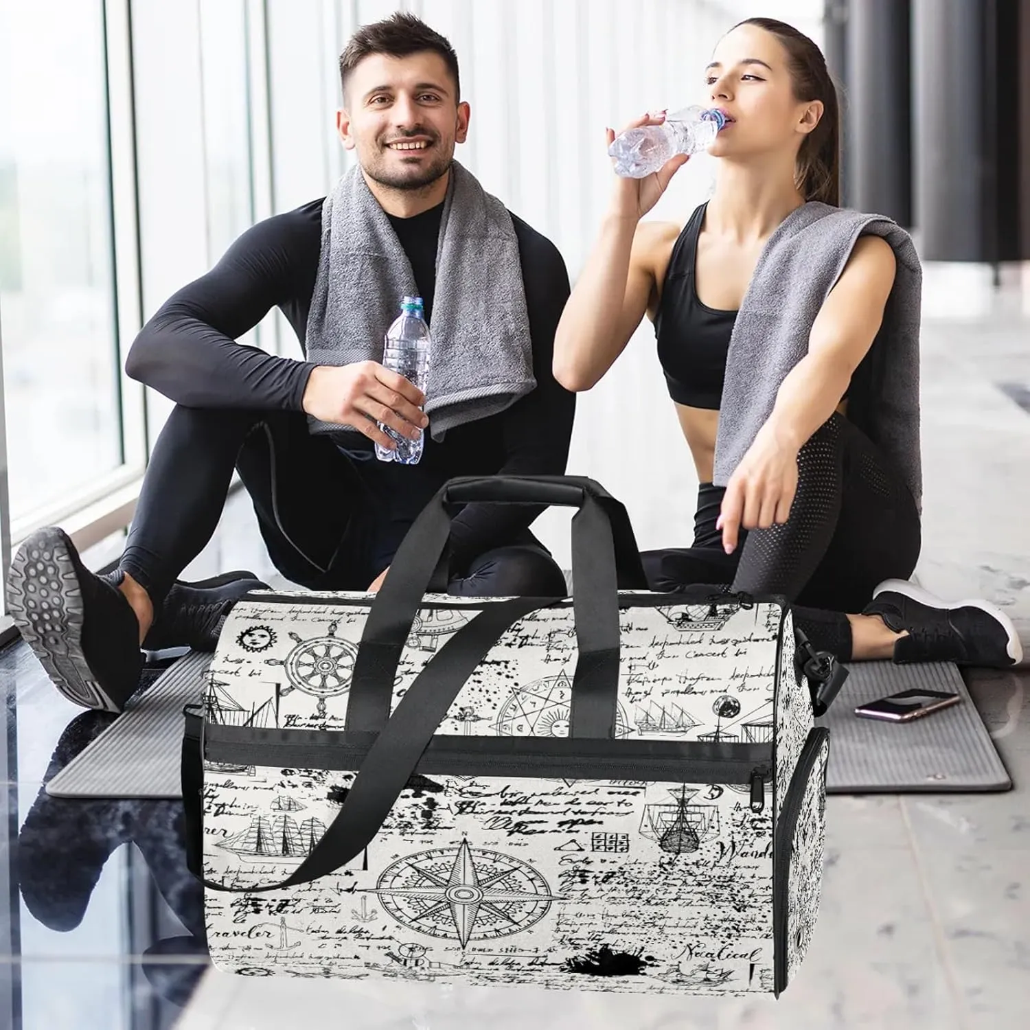 Gym Bag for Women Men Abstract Abstract Ocean Newspaper Travel Duffle Bag with Shoe Compartment Waterproof Sports Tote Bags Large Overnight Weekender Bags for Travel Swimming Gym Yoga Dance