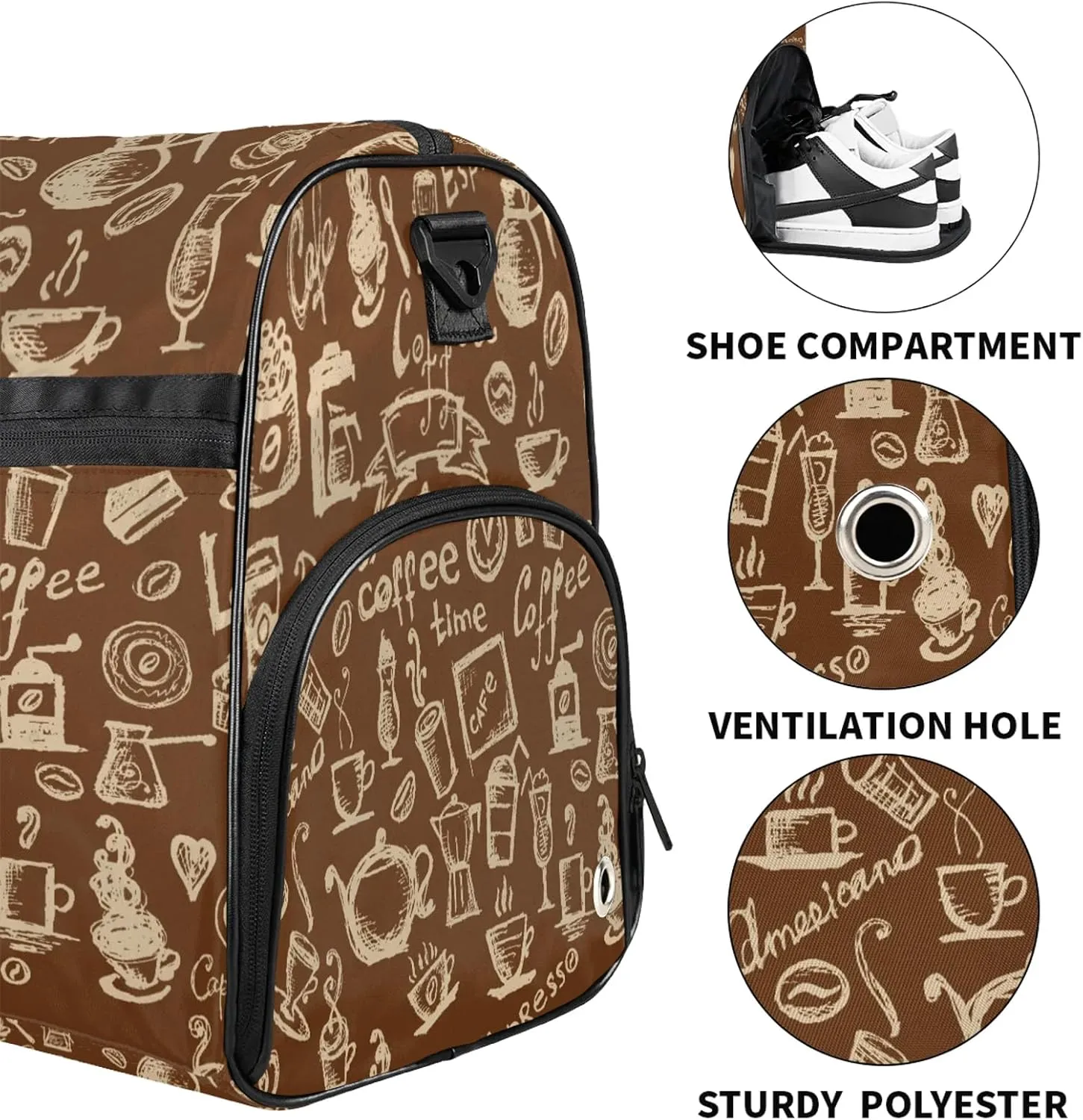 Gym Bag for Women Men Brown Coffee Abstract Travel Duffle Bag with Shoe Compartment Waterproof Sports Tote Bags Large Overnight Weekender Bags for Travel Swimming Gym Yoga Dance