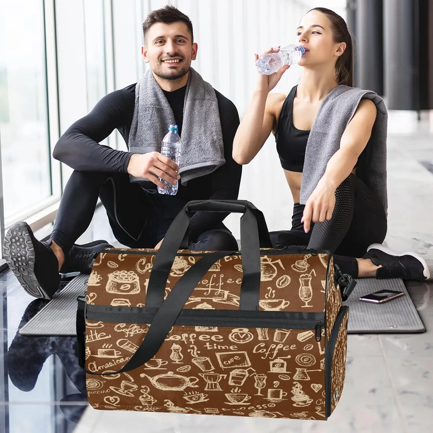 Gym Bag for Women Men Brown Coffee Abstract Travel Duffle Bag with Shoe Compartment Waterproof Sports Tote Bags Large Overnight Weekender Bags for Travel Swimming Gym Yoga Dance
