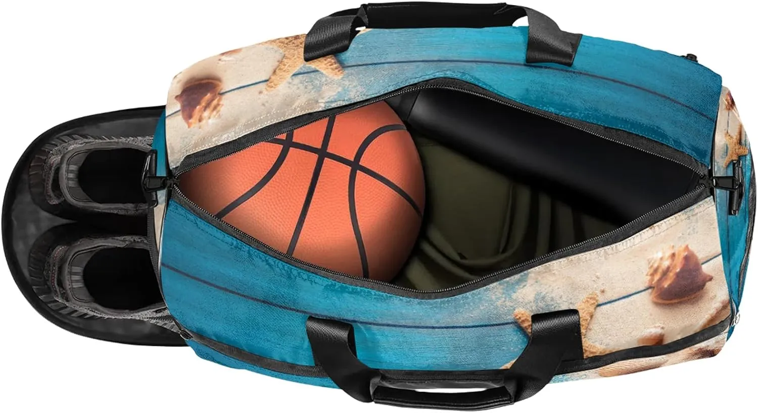 Gym Bag for Women Men Shell Starfish Wood Texture Travel Duffle Bag with Shoe Compartment Waterproof Sports Tote Bags Large Overnight Weekender Bags for Travel Swimming Gym Yoga Dance