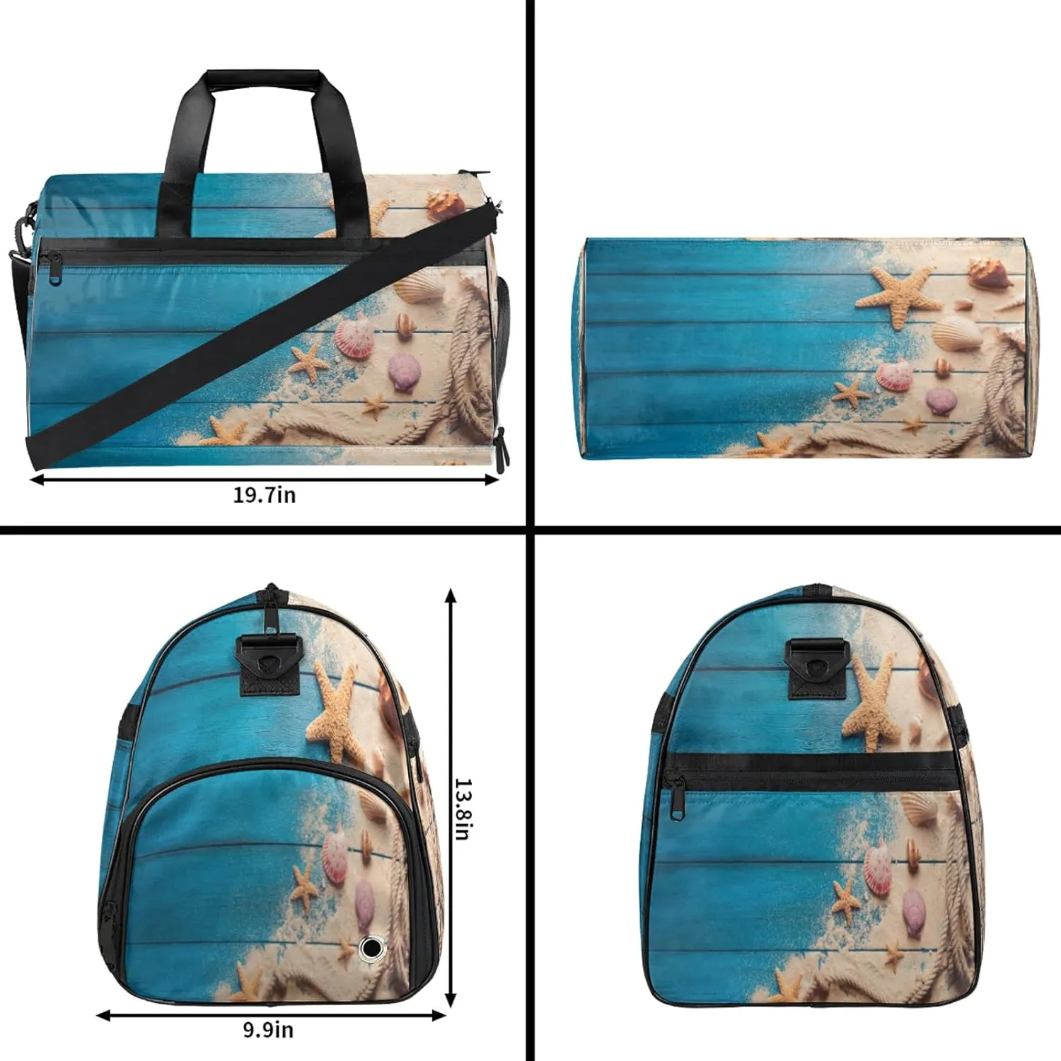 Gym Bag for Women Men Shell Starfish Wood Texture Travel Duffle Bag with Shoe Compartment Waterproof Sports Tote Bags Large Overnight Weekender Bags for Travel Swimming Gym Yoga Dance