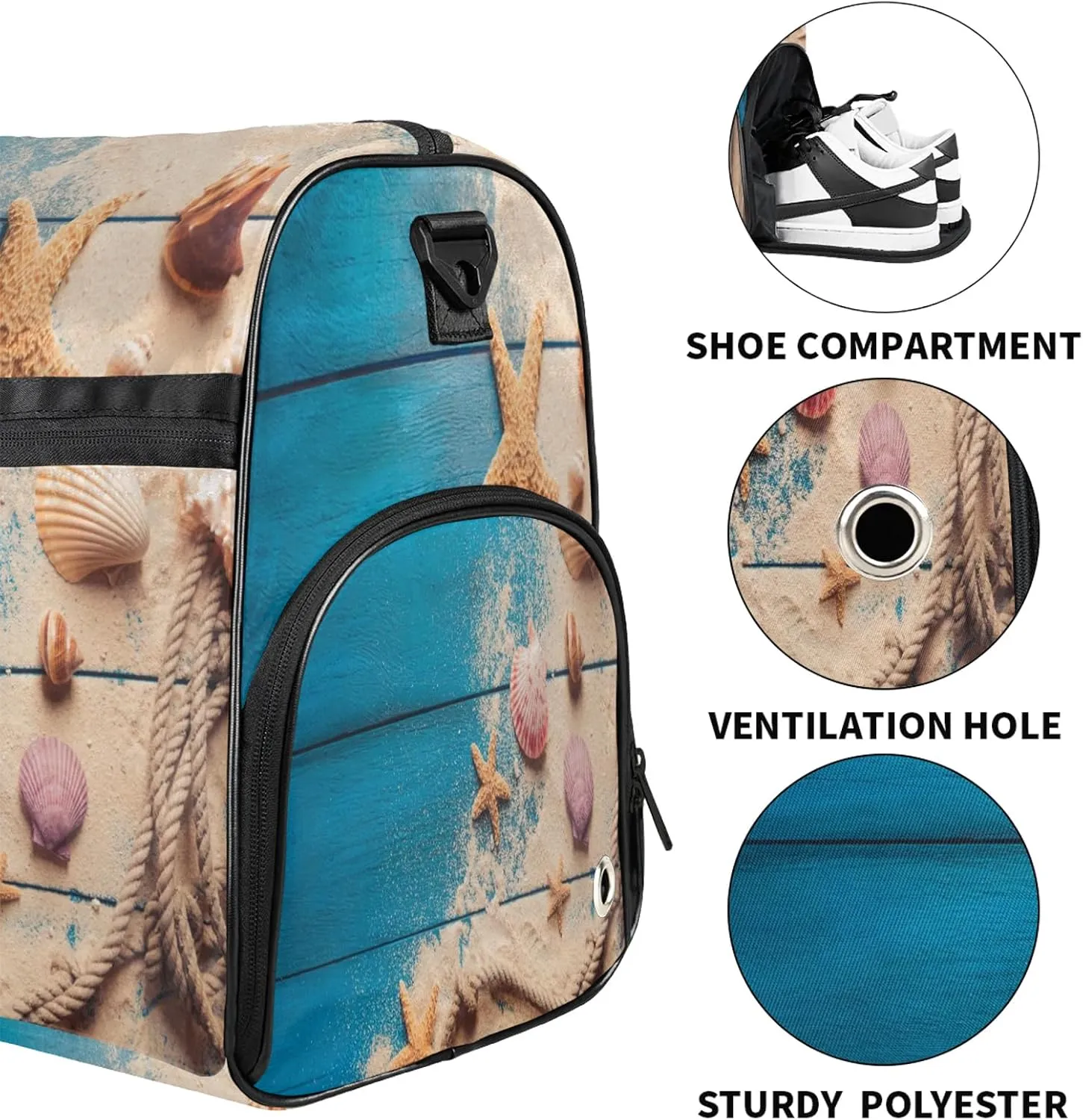 Gym Bag for Women Men Shell Starfish Wood Texture Travel Duffle Bag with Shoe Compartment Waterproof Sports Tote Bags Large Overnight Weekender Bags for Travel Swimming Gym Yoga Dance
