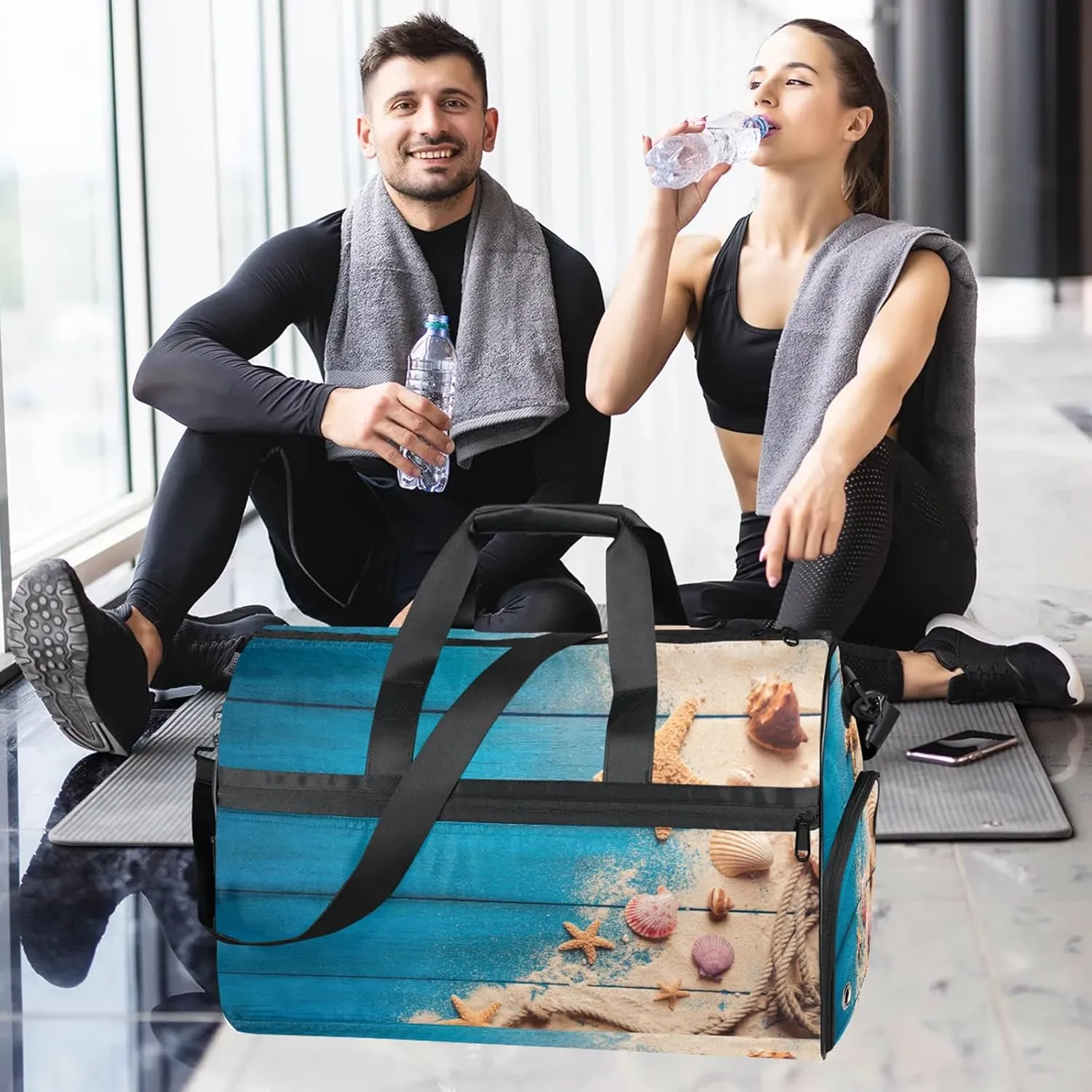 Gym Bag for Women Men Shell Starfish Wood Texture Travel Duffle Bag with Shoe Compartment Waterproof Sports Tote Bags Large Overnight Weekender Bags for Travel Swimming Gym Yoga Dance