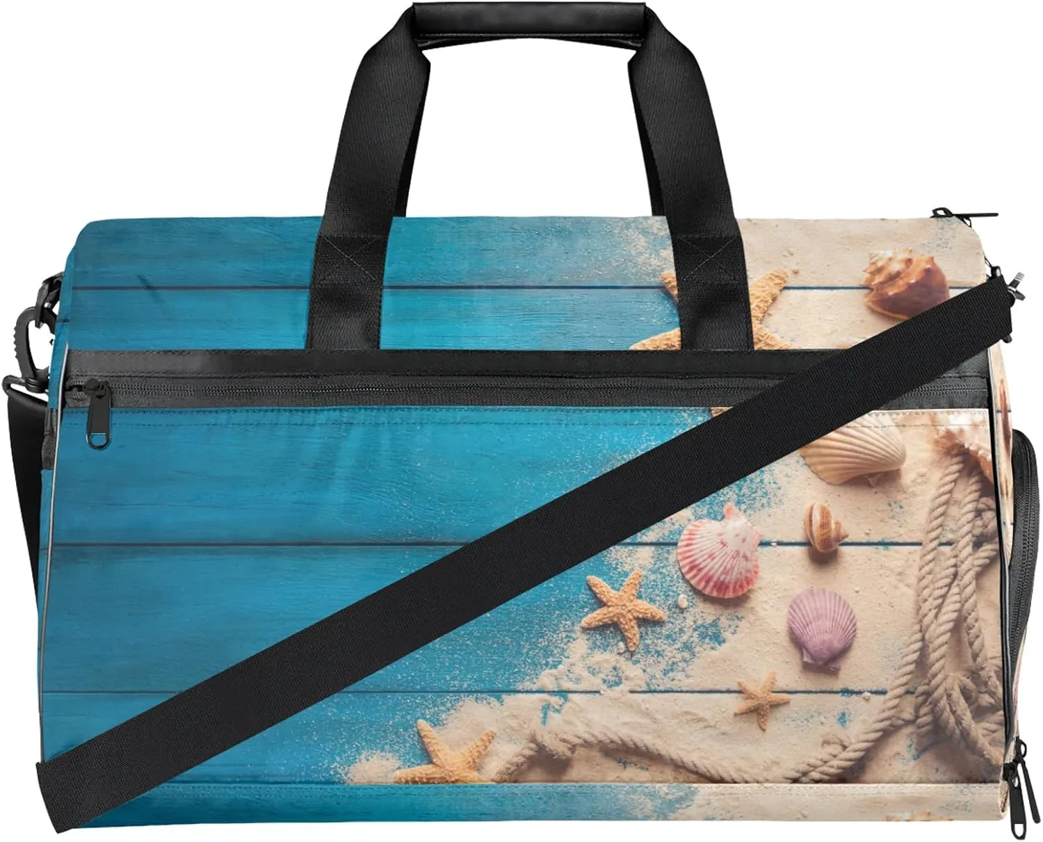 Gym Bag for Women Men Shell Starfish Wood Texture Travel Duffle Bag with Shoe Compartment Waterproof Sports Tote Bags Large Overnight Weekender Bags for Travel Swimming Gym Yoga Dance
