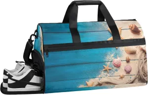 Gym Bag for Women Men Shell Starfish Wood Texture Travel Duffle Bag with Shoe Compartment Waterproof Sports Tote Bags Large Overnight Weekender Bags for Travel Swimming Gym Yoga Dance