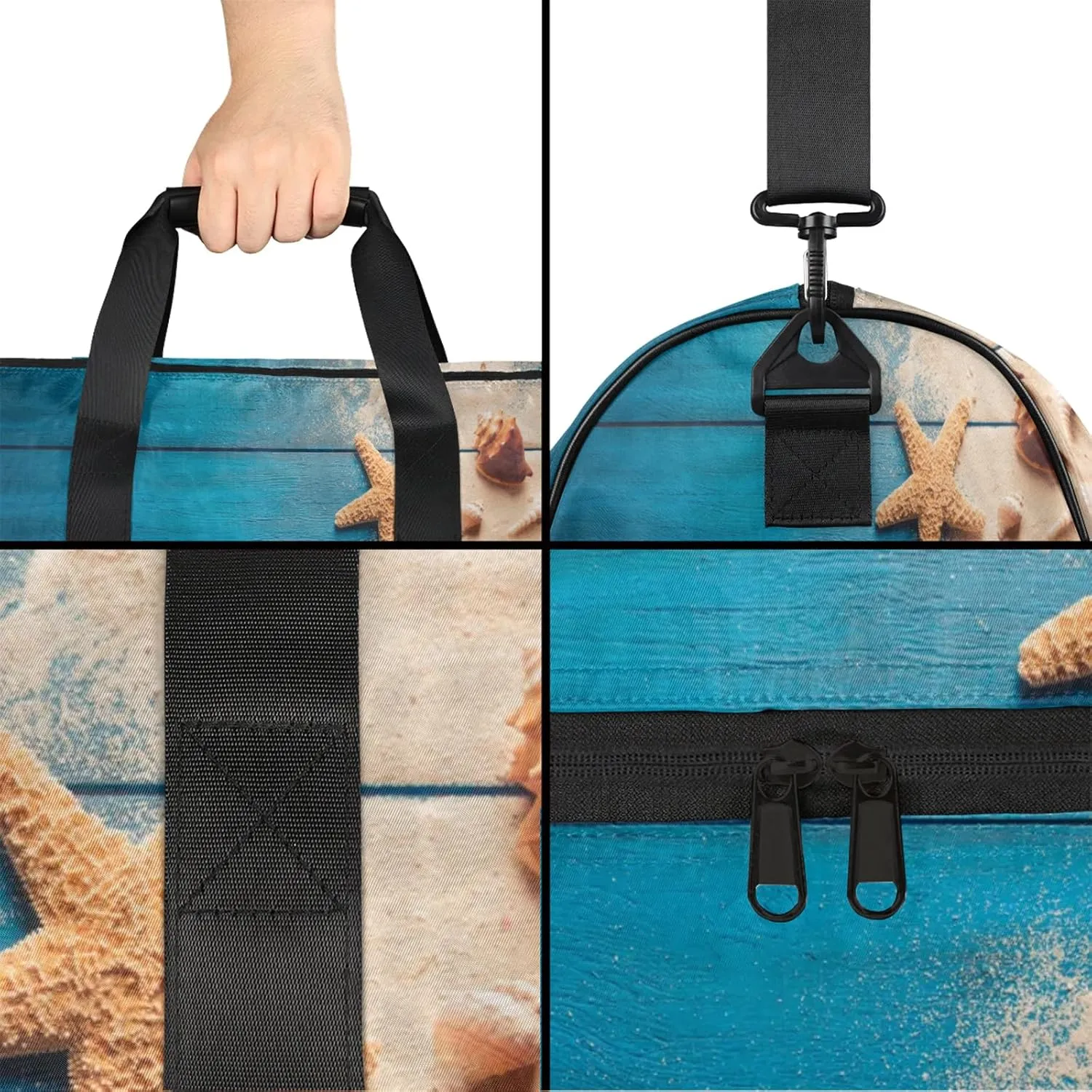 Gym Bag for Women Men Shell Starfish Wood Texture Travel Duffle Bag with Shoe Compartment Waterproof Sports Tote Bags Large Overnight Weekender Bags for Travel Swimming Gym Yoga Dance