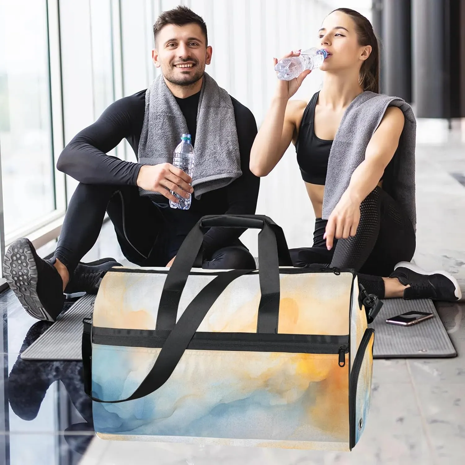 Gym Bag for Women Men Simple Marble Texture White Travel Duffle Bag with Shoe Compartment Waterproof Sports Tote Bags Large Overnight Weekender Bags for Travel Swimming Gym Yoga Dance
