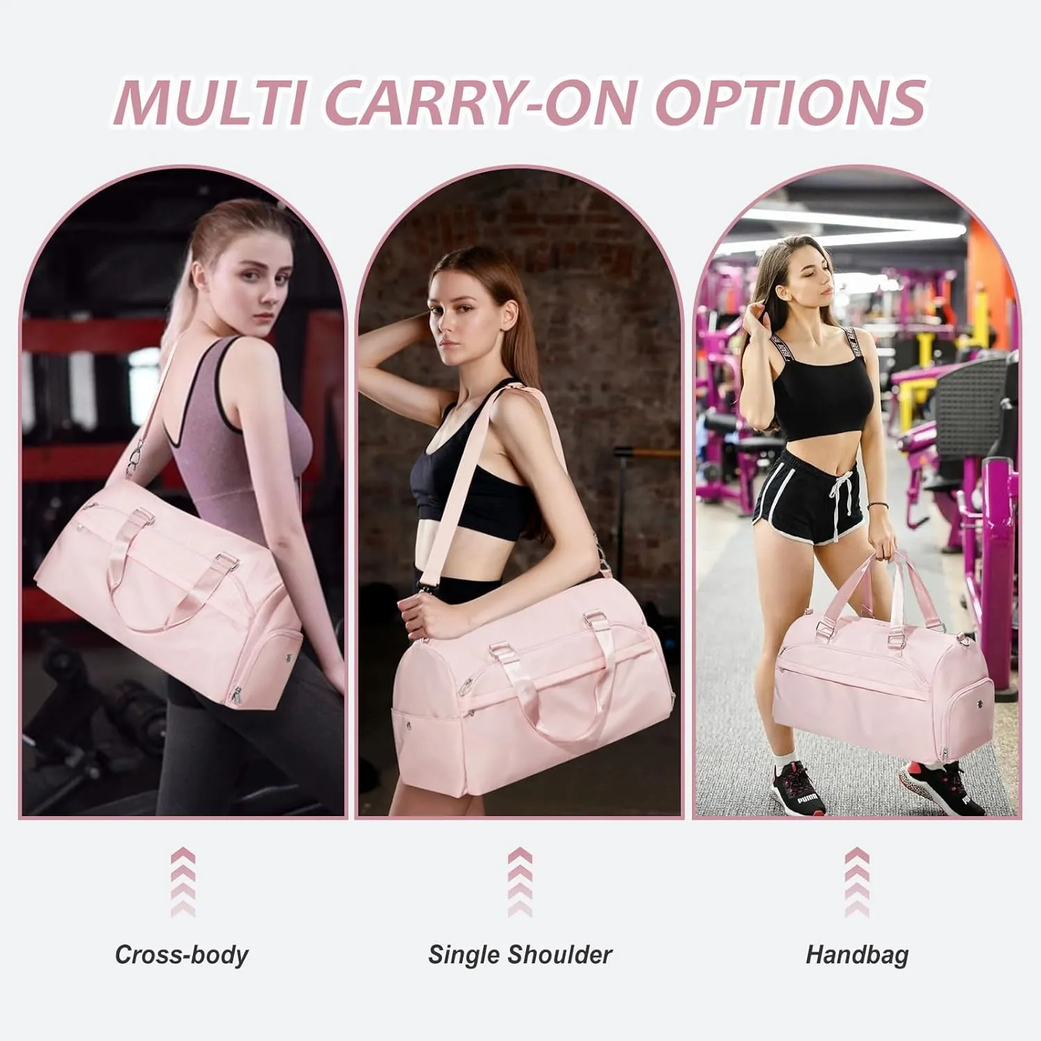 Gym Bag for Women Men with Shoe Compartment,Waterproof Sports Duffle Bag for Travel Weekender Overnight Carry on Bag Gym Tote Bags Workout Bag for Swimming Yoga Hospital Holdalls Pink