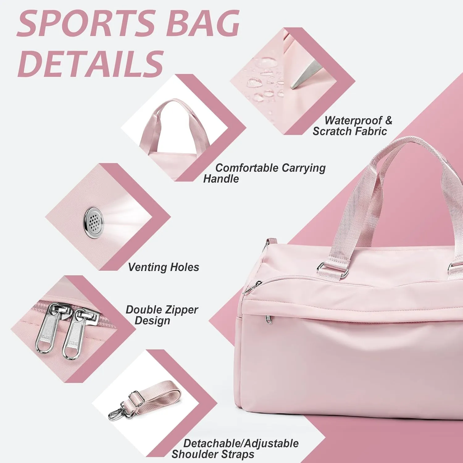Gym Bag for Women Men with Shoe Compartment,Waterproof Sports Duffle Bag for Travel Weekender Overnight Carry on Bag Gym Tote Bags Workout Bag for Swimming Yoga Hospital Holdalls Pink