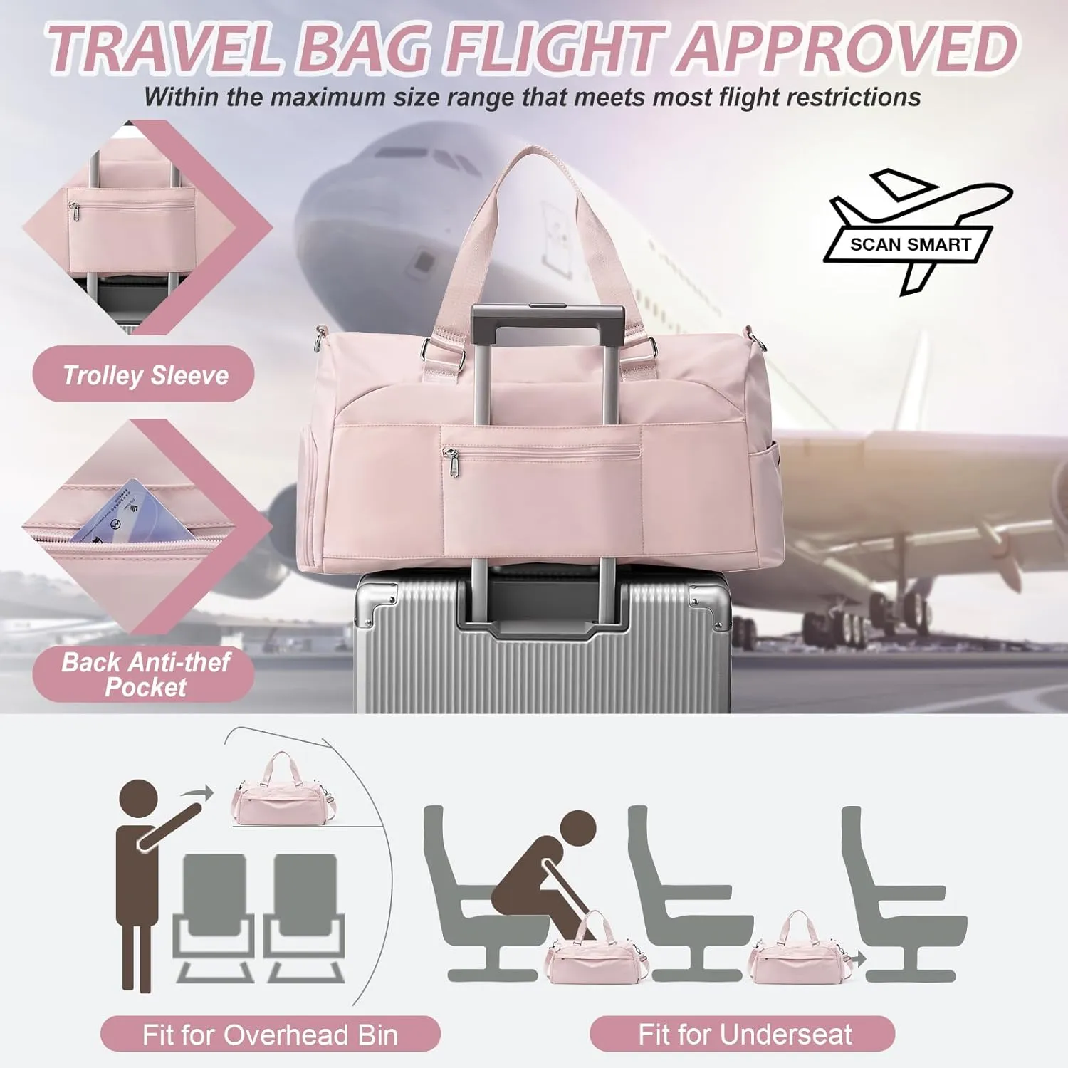 Gym Bag for Women Men with Shoe Compartment,Waterproof Sports Duffle Bag for Travel Weekender Overnight Carry on Bag Gym Tote Bags Workout Bag for Swimming Yoga Hospital Holdalls Pink
