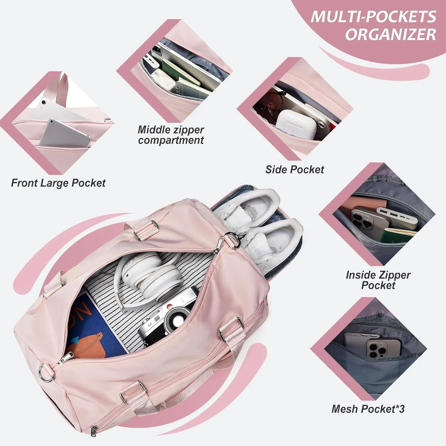 Gym Bag for Women Men with Shoe Compartment,Waterproof Sports Duffle Bag for Travel Weekender Overnight Carry on Bag Gym Tote Bags Workout Bag for Swimming Yoga Hospital Holdalls Pink
