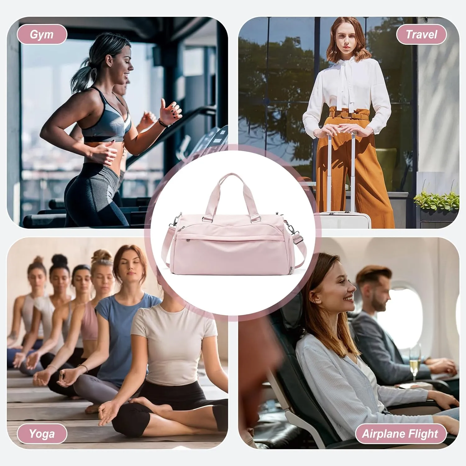 Gym Bag for Women Men with Shoe Compartment,Waterproof Sports Duffle Bag for Travel Weekender Overnight Carry on Bag Gym Tote Bags Workout Bag for Swimming Yoga Hospital Holdalls Pink
