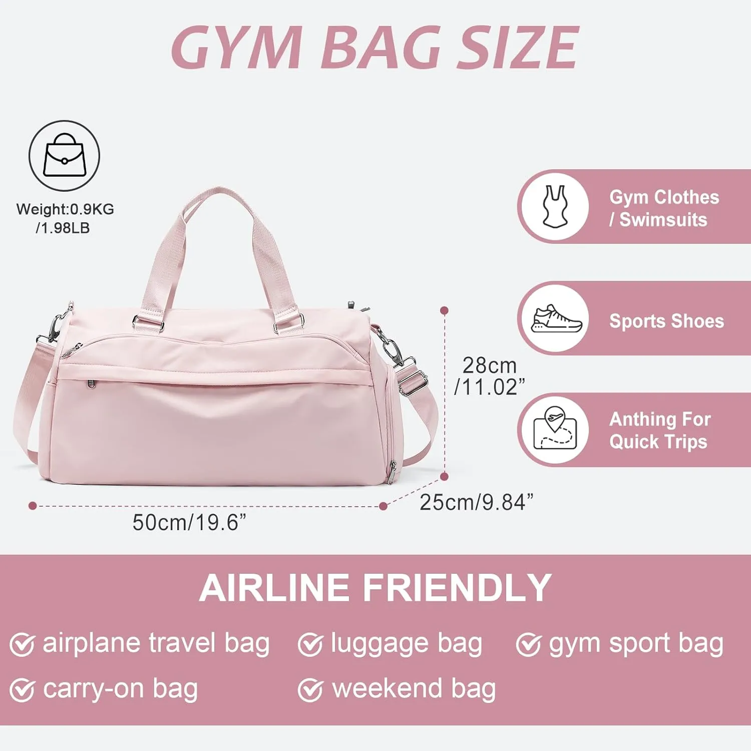 Gym Bag for Women Men with Shoe Compartment,Waterproof Sports Duffle Bag for Travel Weekender Overnight Carry on Bag Gym Tote Bags Workout Bag for Swimming Yoga Hospital Holdalls Pink