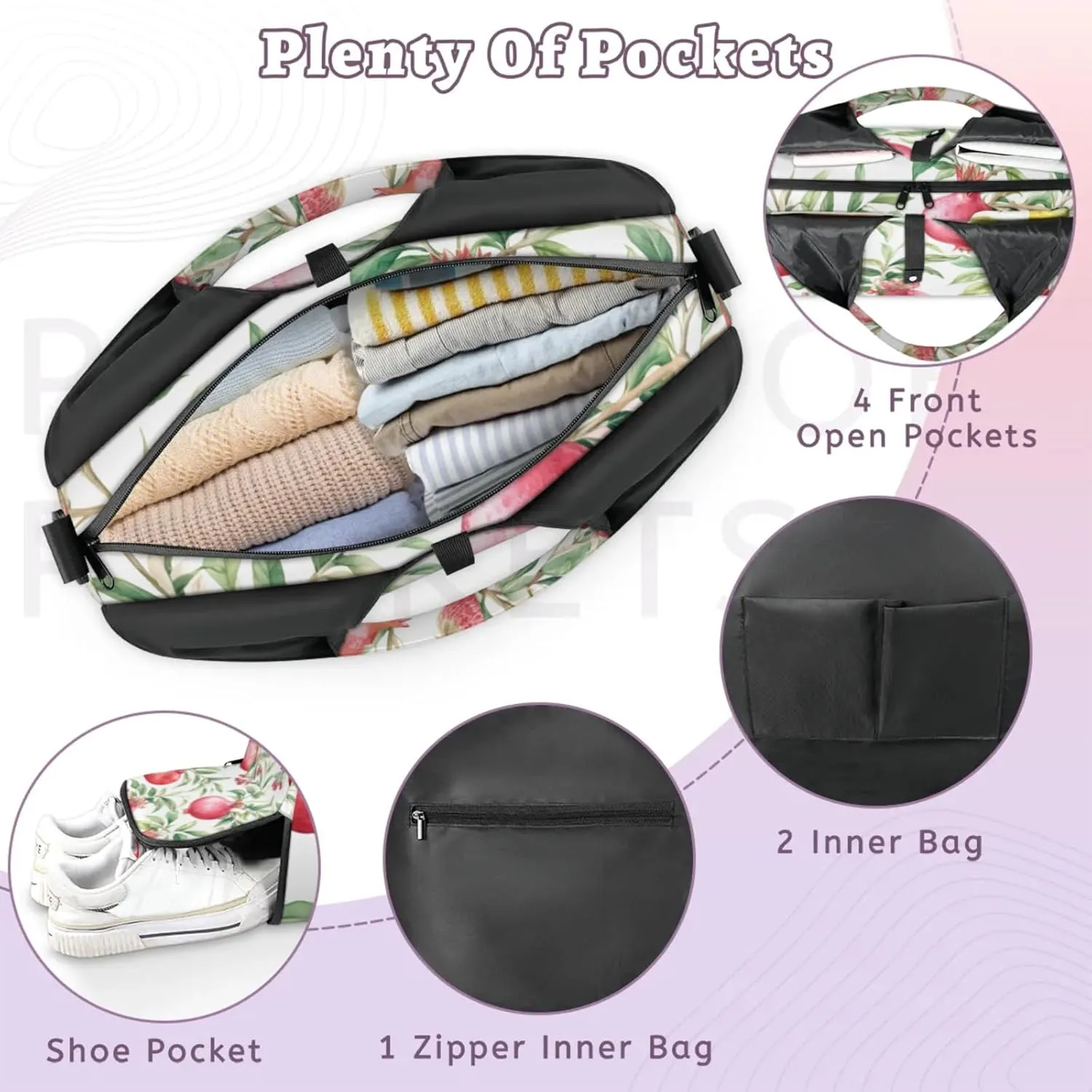 Gym Bag for Women Pomegranate Branch Duffel Bag with Shoe Compartment and Yoga Mat Holder Portable Weekender Bags Travel Tote Bags