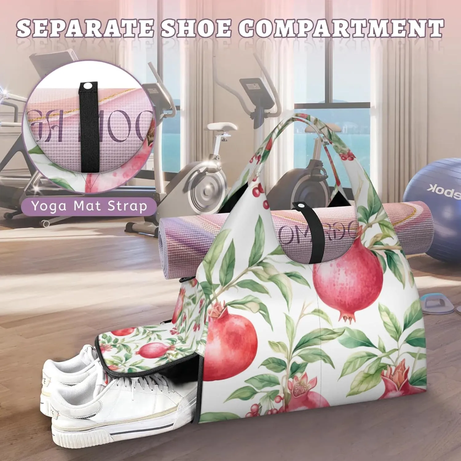 Gym Bag for Women Pomegranate Branch Duffel Bag with Shoe Compartment and Yoga Mat Holder Portable Weekender Bags Travel Tote Bags
