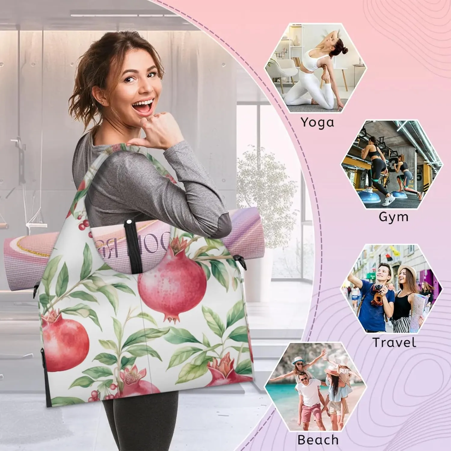 Gym Bag for Women Pomegranate Branch Duffel Bag with Shoe Compartment and Yoga Mat Holder Portable Weekender Bags Travel Tote Bags
