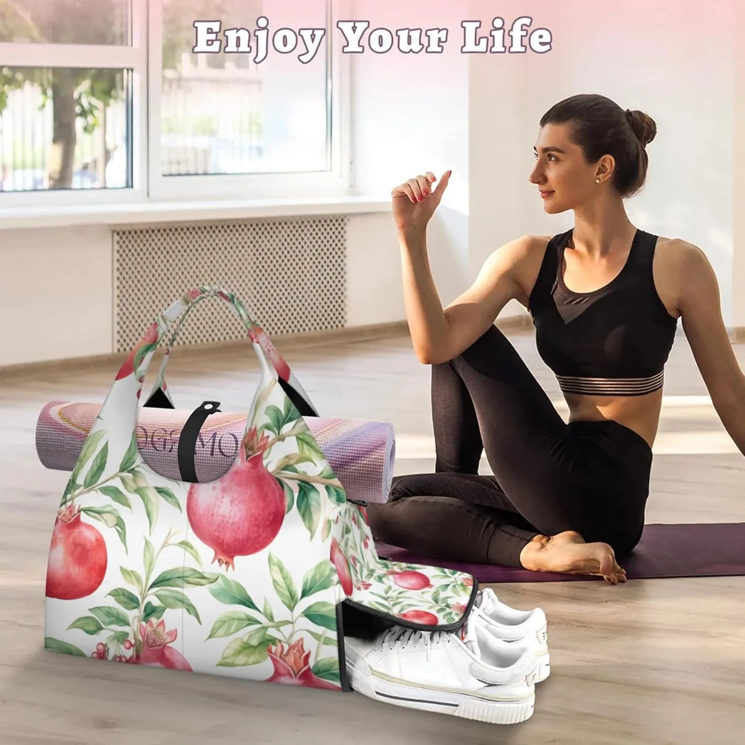 Gym Bag for Women Pomegranate Branch Duffel Bag with Shoe Compartment and Yoga Mat Holder Portable Weekender Bags Travel Tote Bags